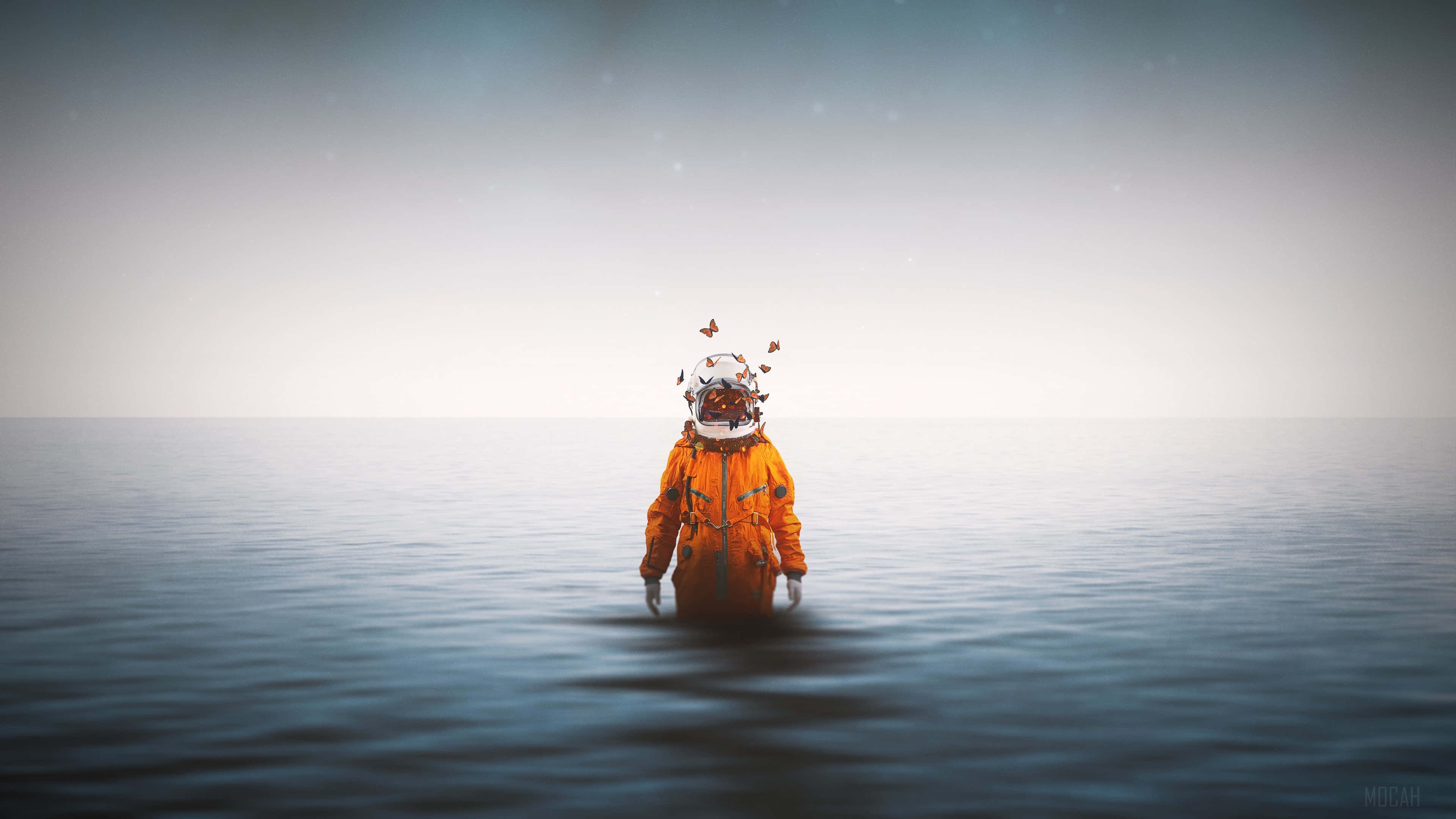 astronaut, orange suit, calm ocean water, 4K Desktop Wallpaper