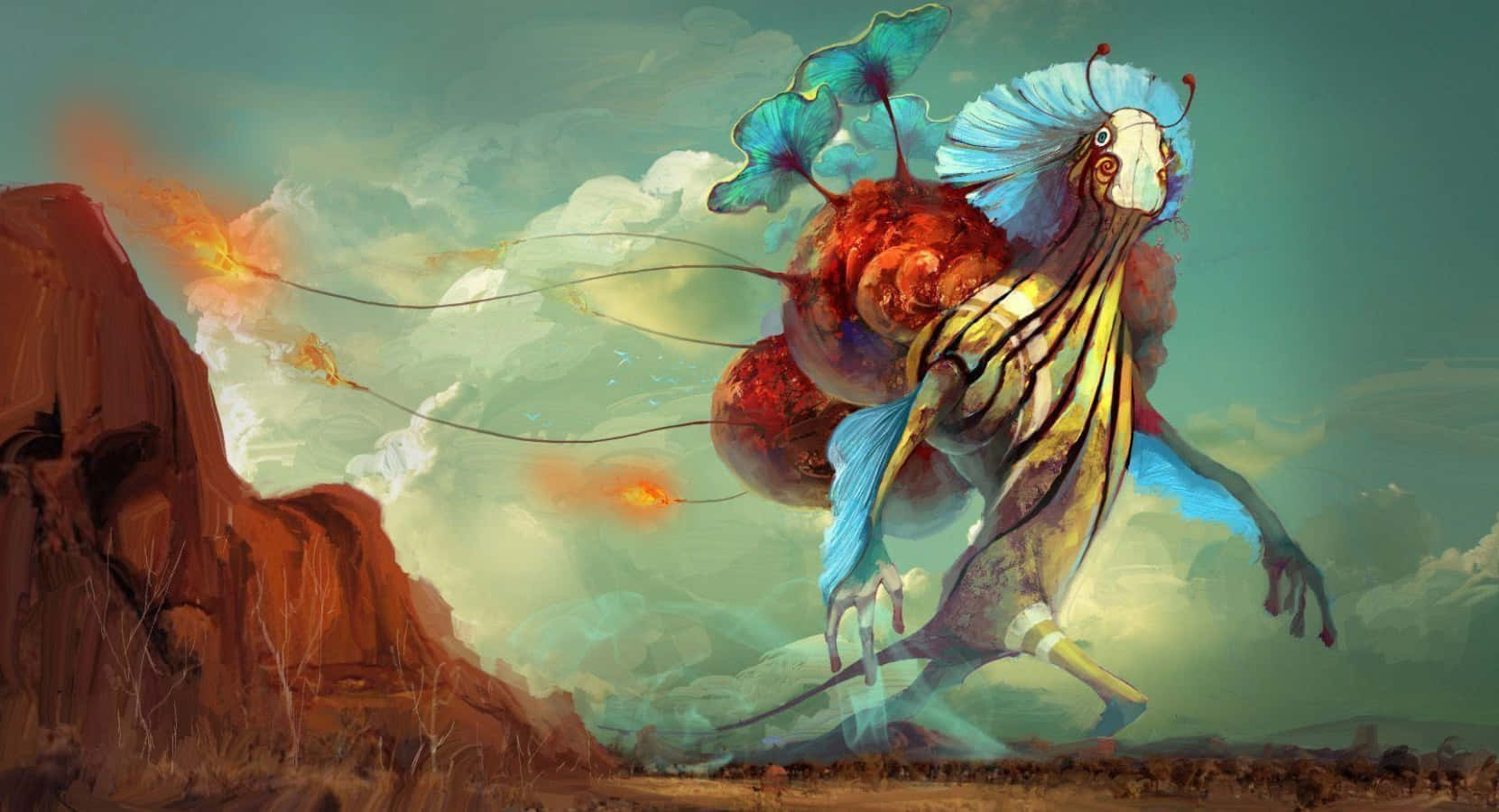 surreal creature, blue feathered head, fiery trails, HD Desktop Wallpaper