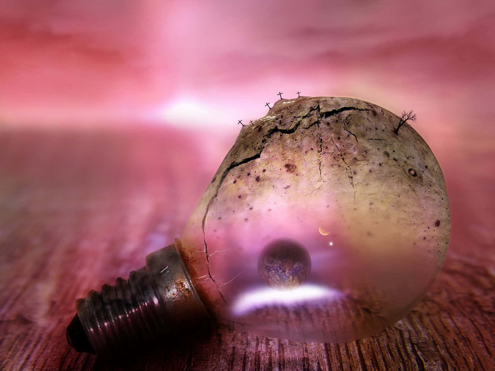 vintage light bulb, wood, miniature alien planet, HD Desktop Wallpaper
