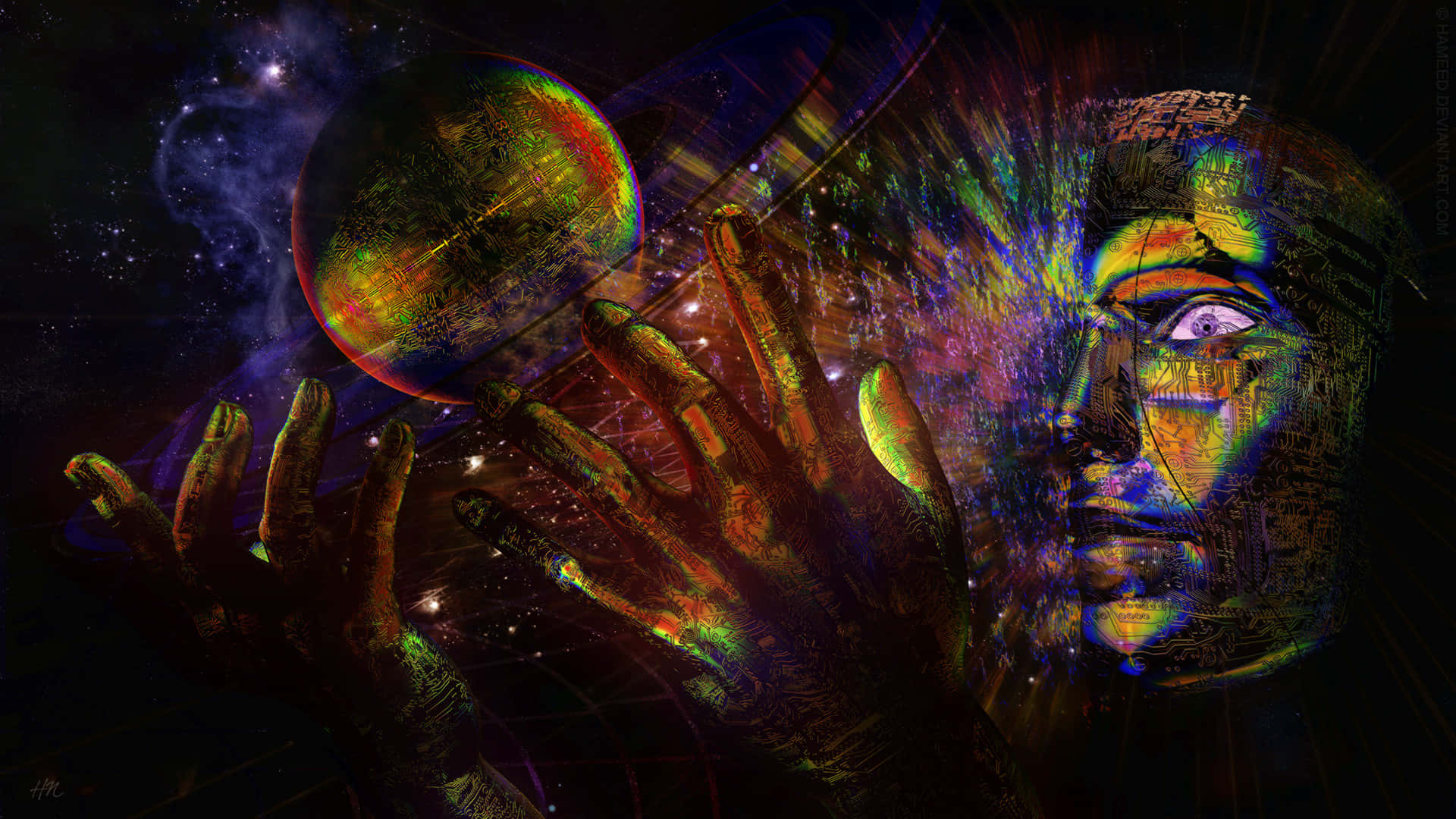 cosmic digital-art portrait, face and hands, glowing planet, Full HD Desktop Wallpaper