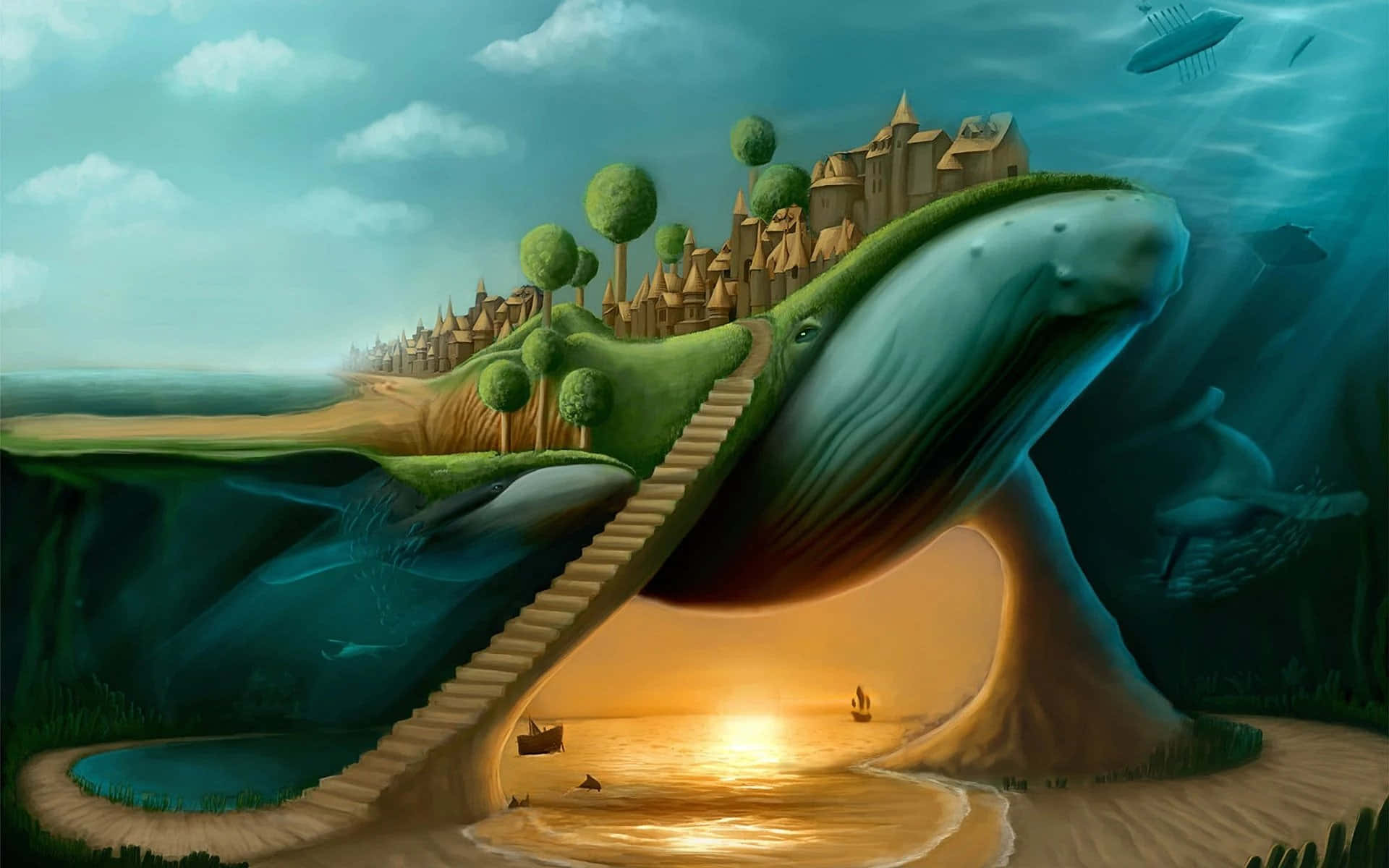 surrealism, white winged horse, colossal whale, Full HD Desktop Wallpaper