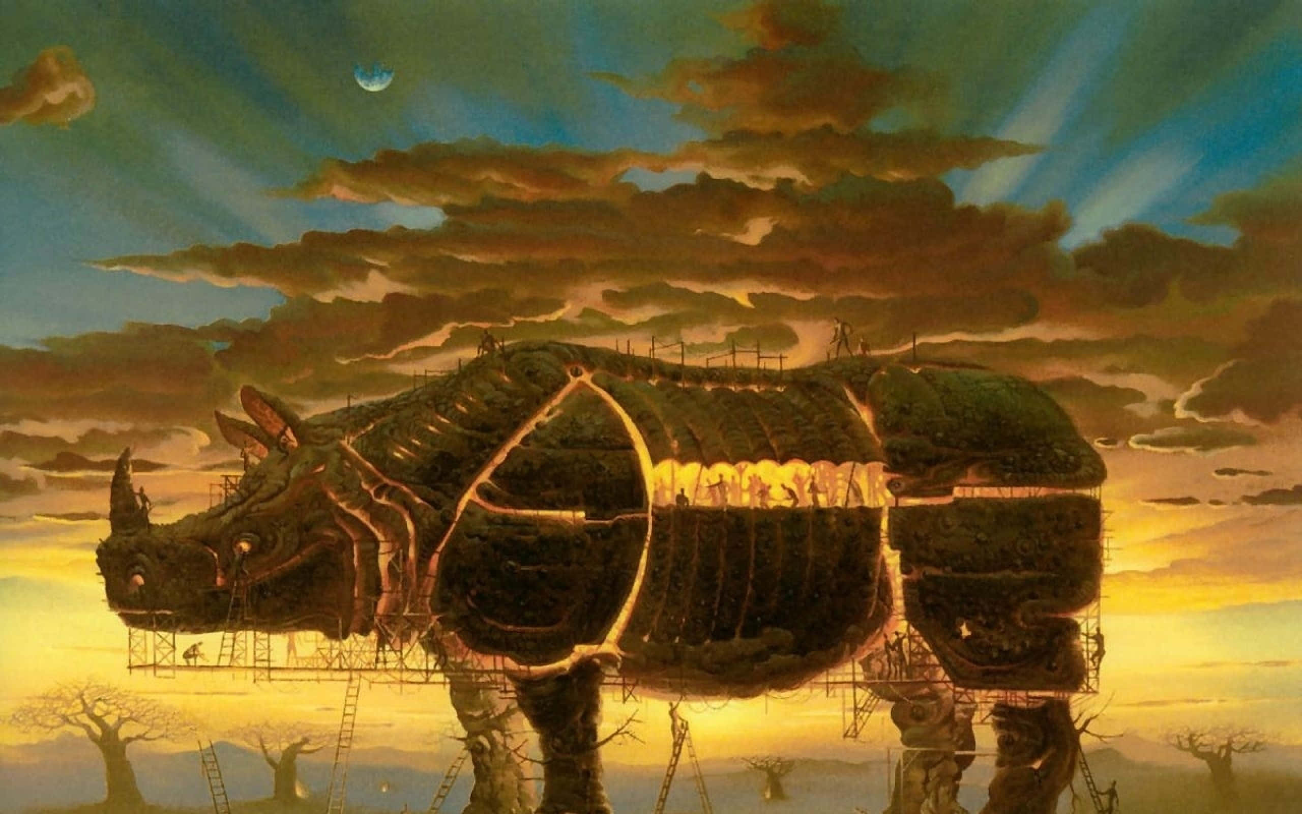 rhino-shaped airship, glowing internal lights, scaffolding, 2K Desktop Wallpaper