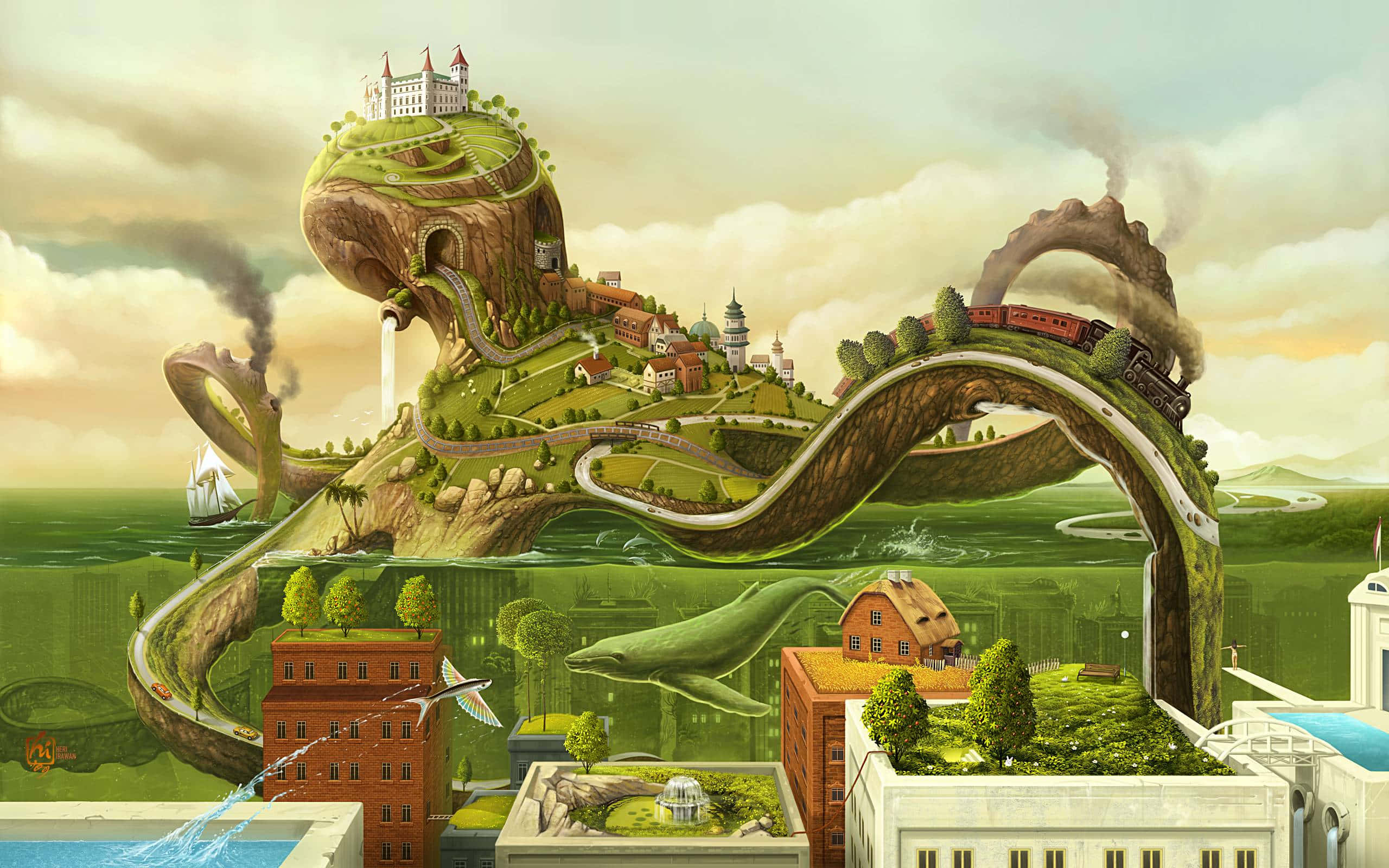 surrealism, floating island, giant whale, 2K Desktop Wallpaper