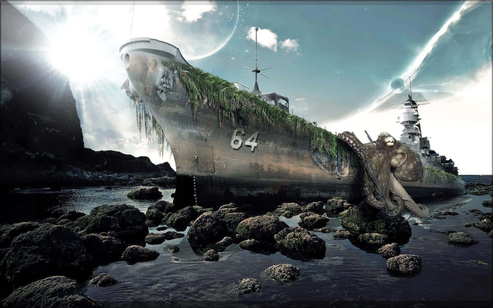 warship number 64, giant octopus, surreal sky, Full HD Desktop Wallpaper