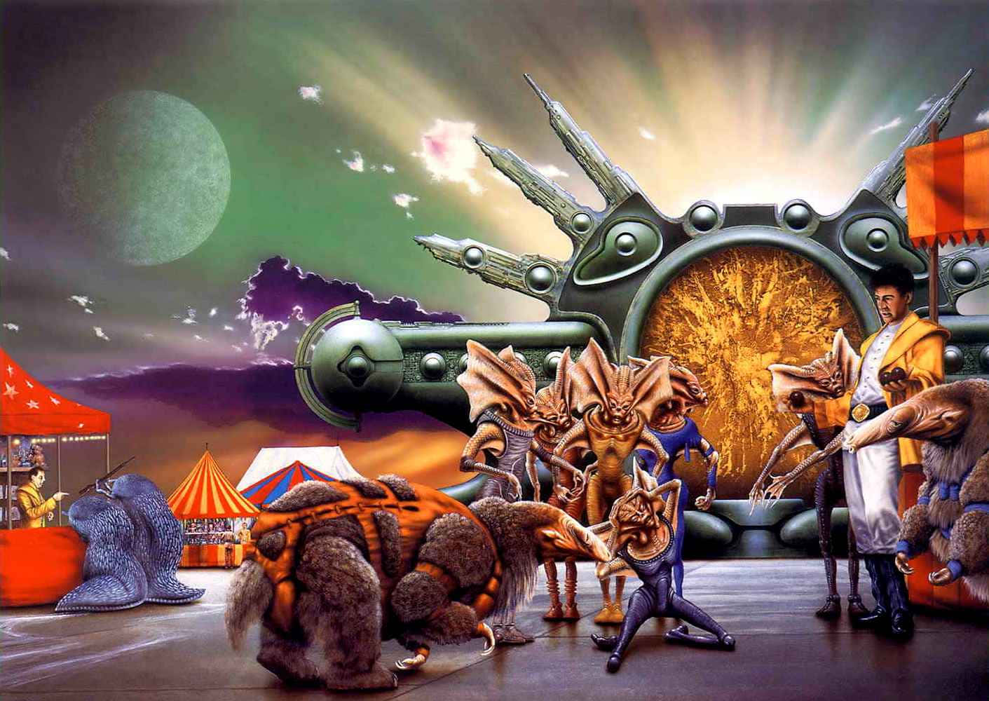 surreal alien circus, green moon, tented stalls, HD Desktop Wallpaper