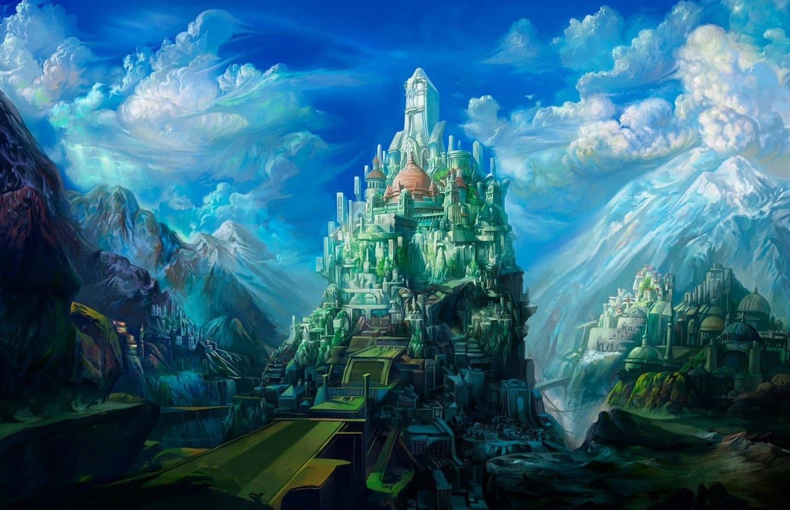 surrealism, fantasy city, towering green mountain, HD Desktop Wallpaper