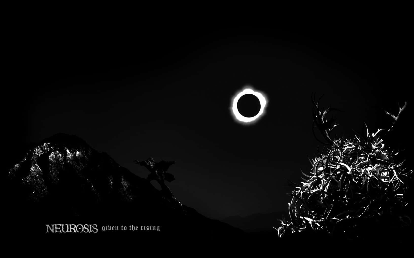 surrealistic neurotic, black and white eclipse, jagged mountains, HD Desktop Wallpaper