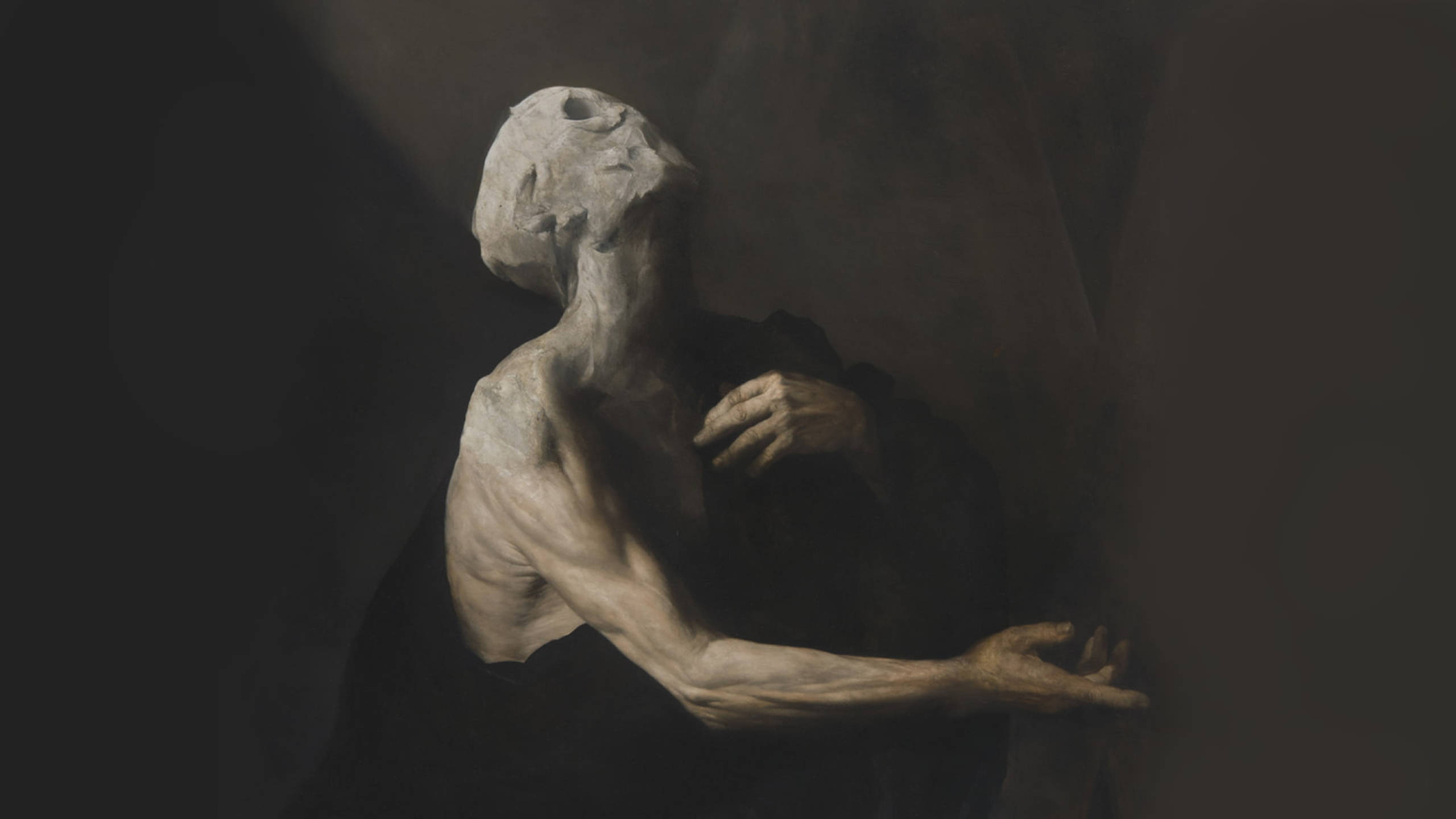 melancholy artwork, Engulfed in Thought, gaunt figure, 2K Desktop Wallpaper