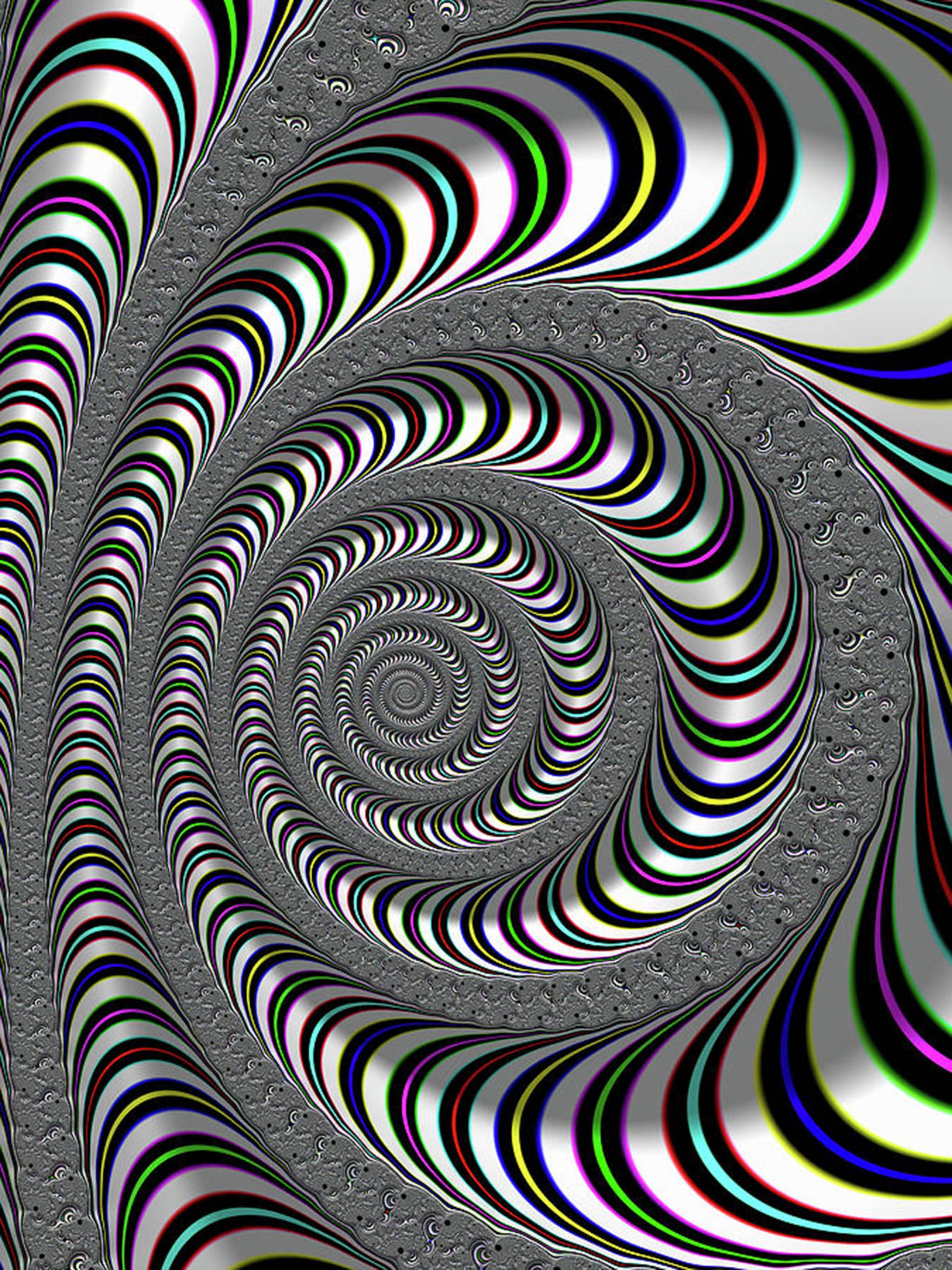 digital spiral, vibrant rainbow stripes, textured gray background, 2K Phone Wallpaper
