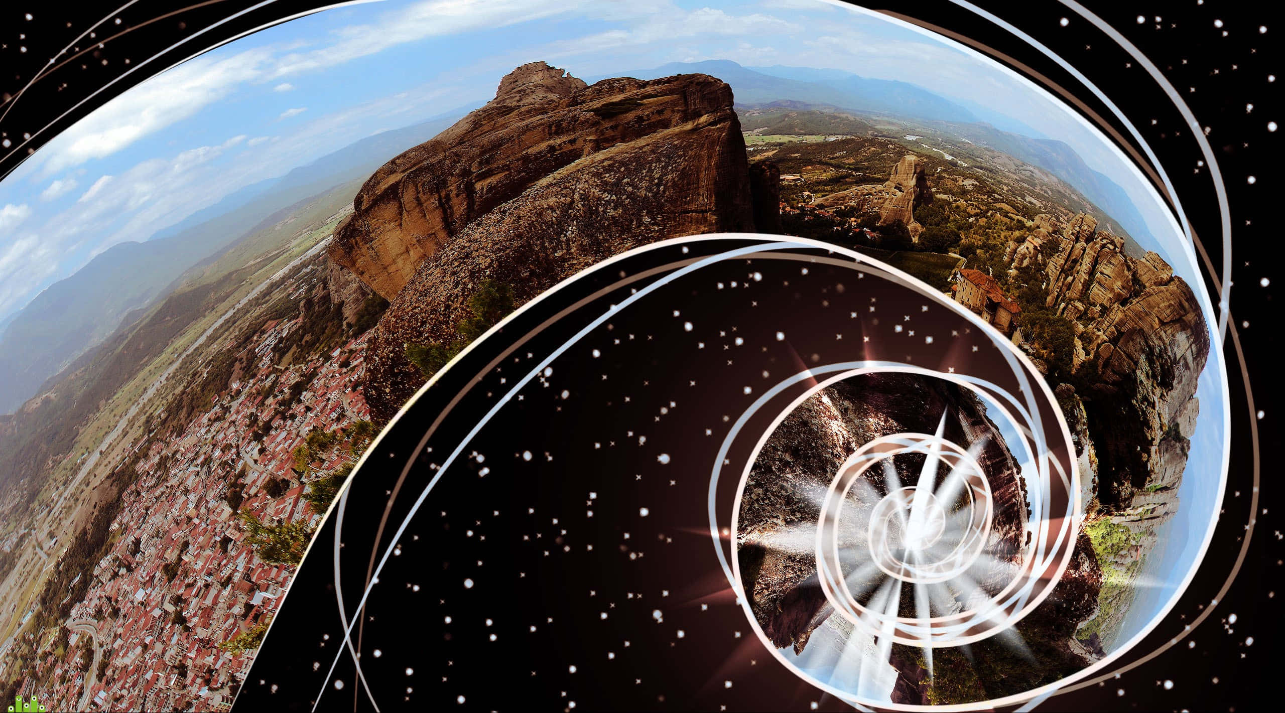 fisheye view, mountainous town, cosmic spiral galaxy, 2K Desktop Wallpaper