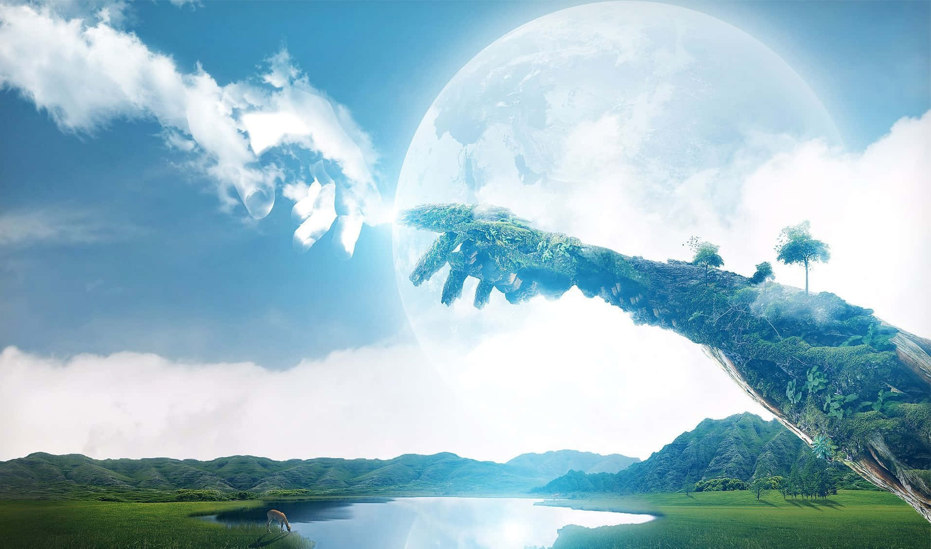 surrealism, giant hand, planet, HD Desktop Wallpaper