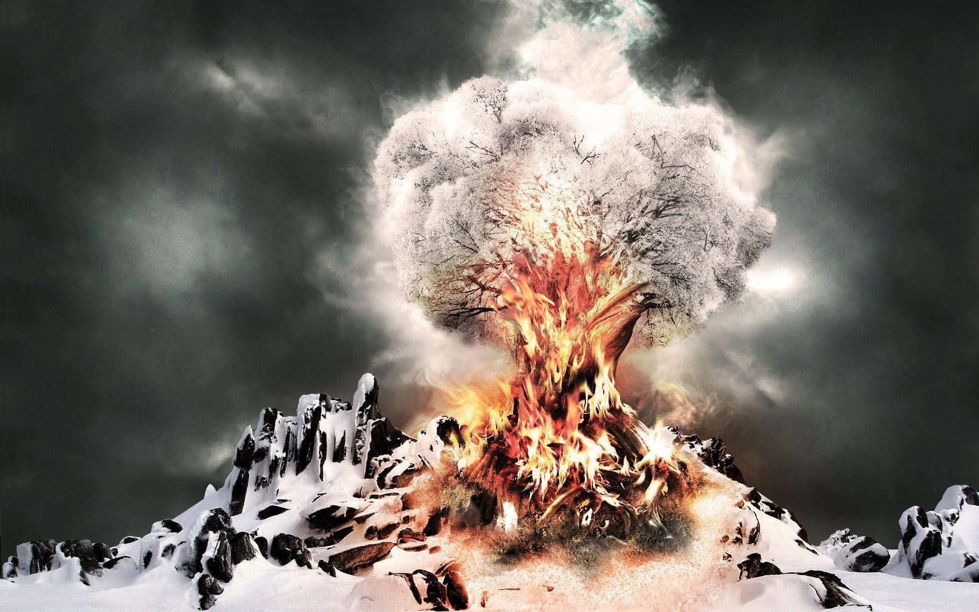 dark surrealism, snow-covered mountain, fiery flames, Full HD Desktop Wallpaper