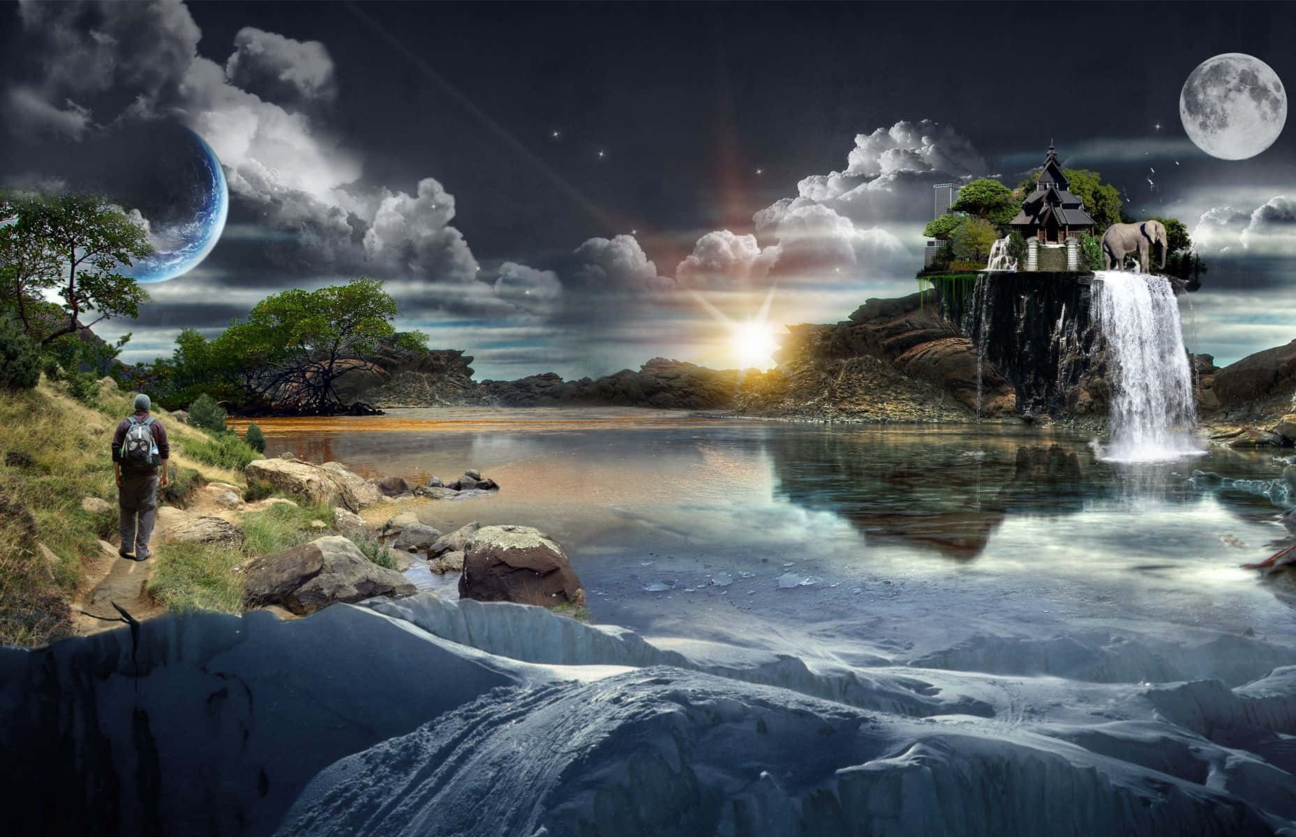 Dark Surrealism, mystical waterfall, floating temple, HD Desktop Wallpaper