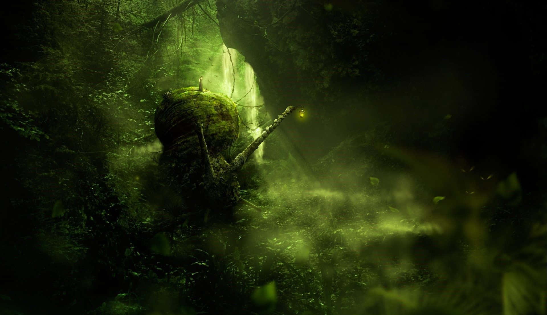 moss-covered shipwreck, misty green forest, glowing light source, Full HD Desktop Wallpaper