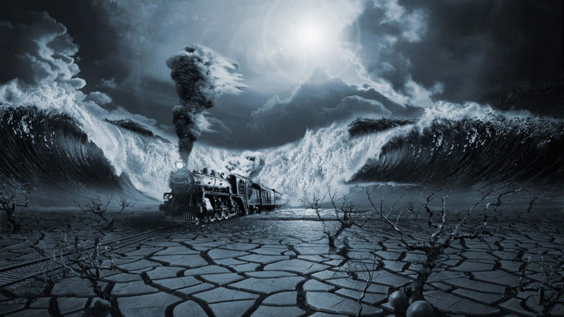 dark surrealism, steam train, cracked desert plain, Full HD Desktop Wallpaper