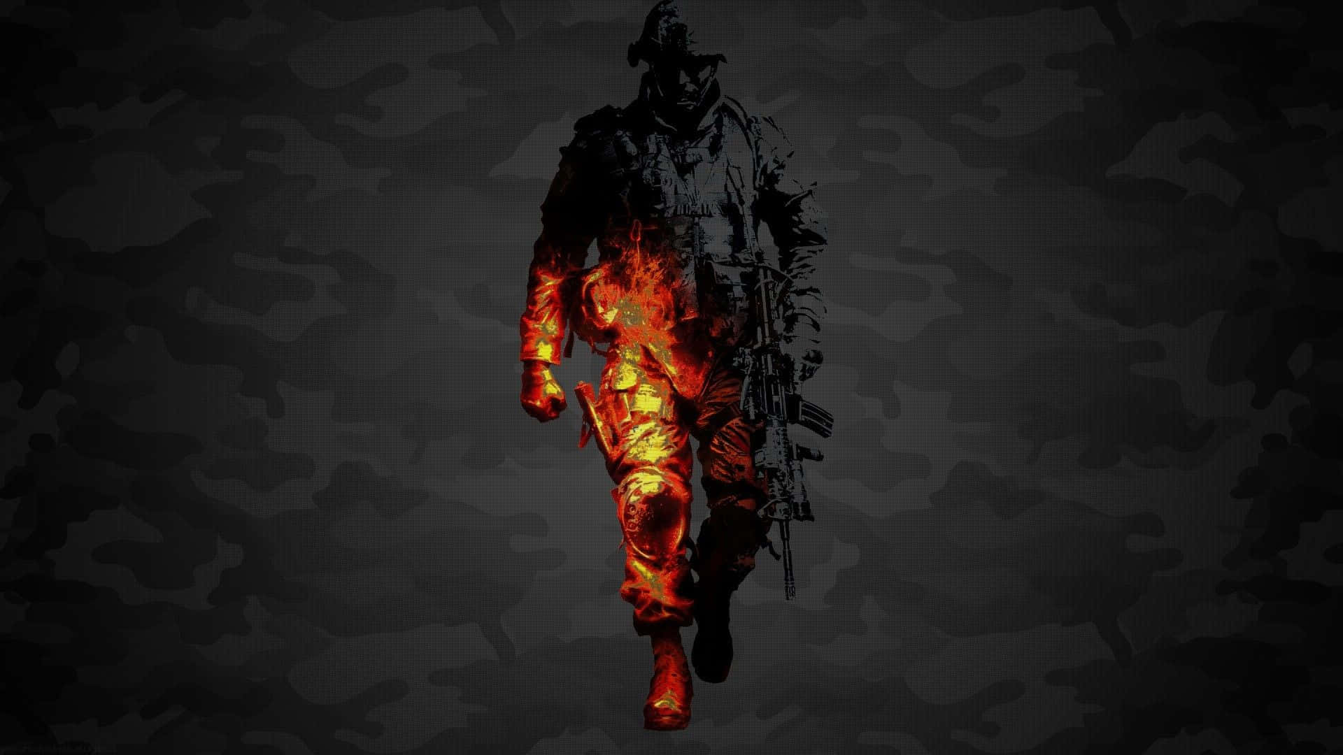 soldier, camouflage gear, fiery orange flames, Full HD Desktop Wallpaper