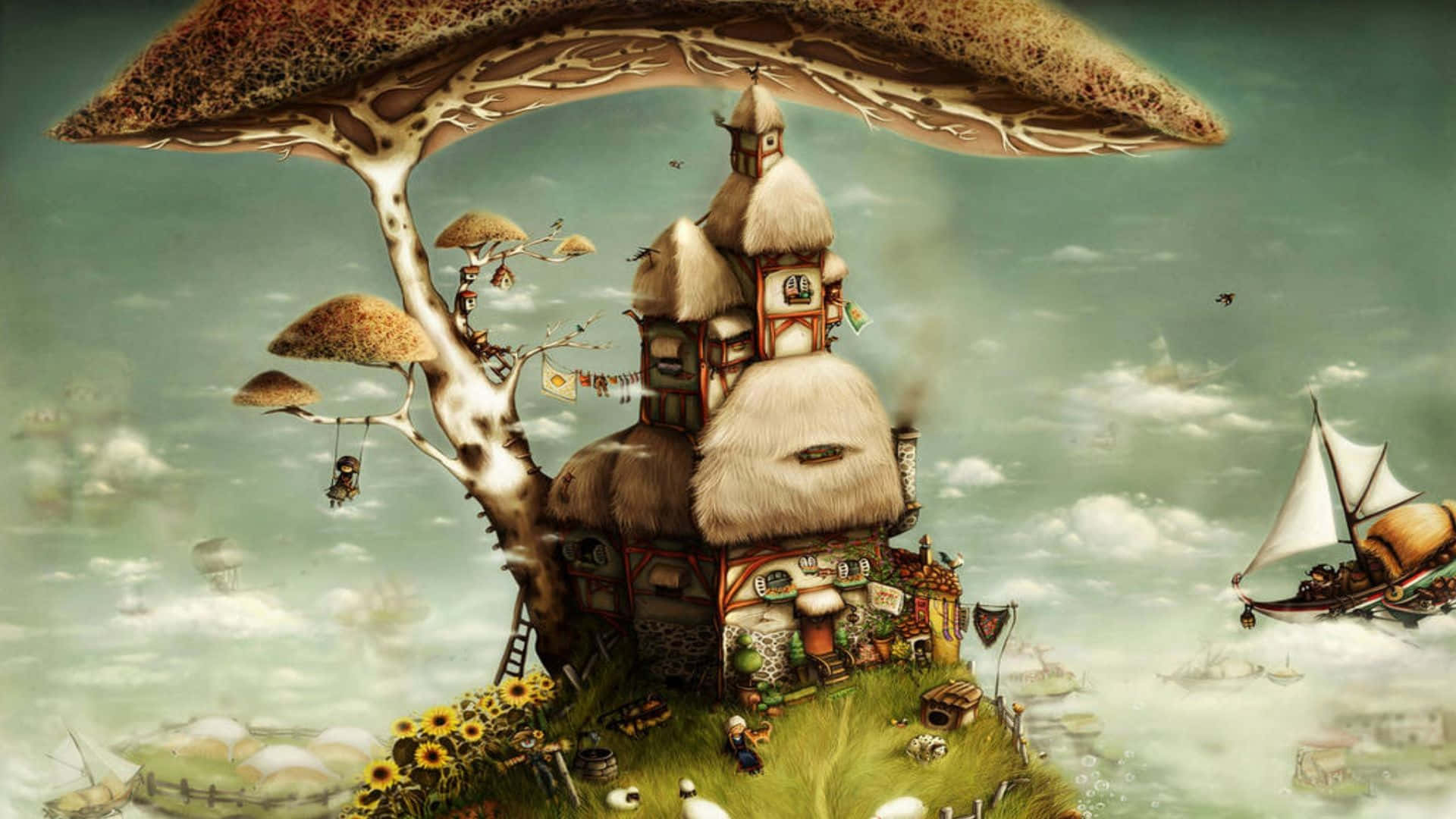 whimsical fantasy village, giant mushroom canopy, floating ships, Full HD Desktop Wallpaper