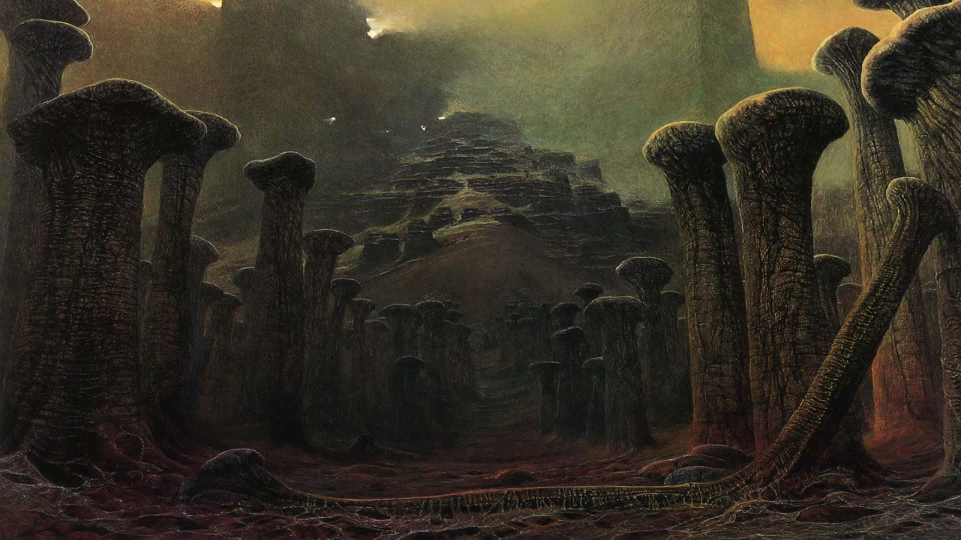 ancient stone pillars, misty alien landscape, glowing amber sky, Full HD Desktop Wallpaper