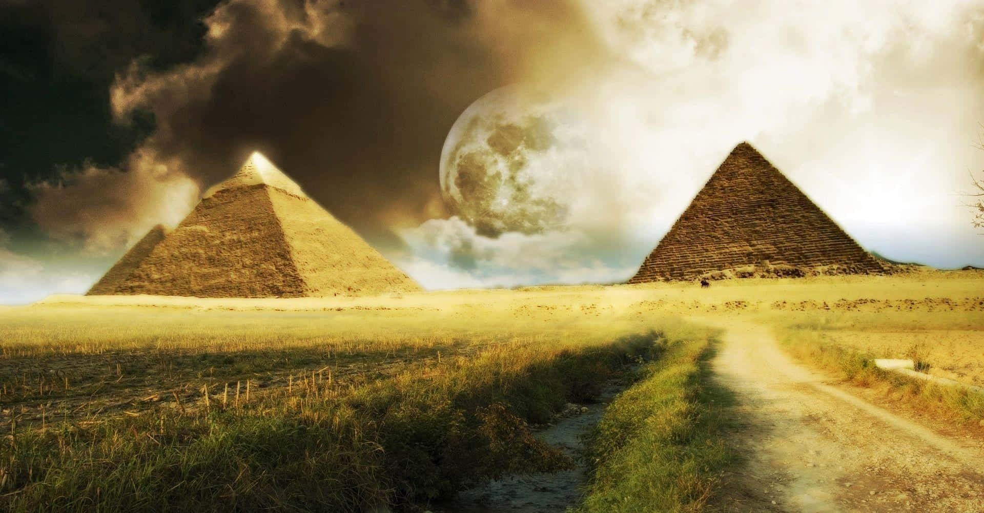 pyramids, giant moon, golden light, Full HD Desktop Wallpaper