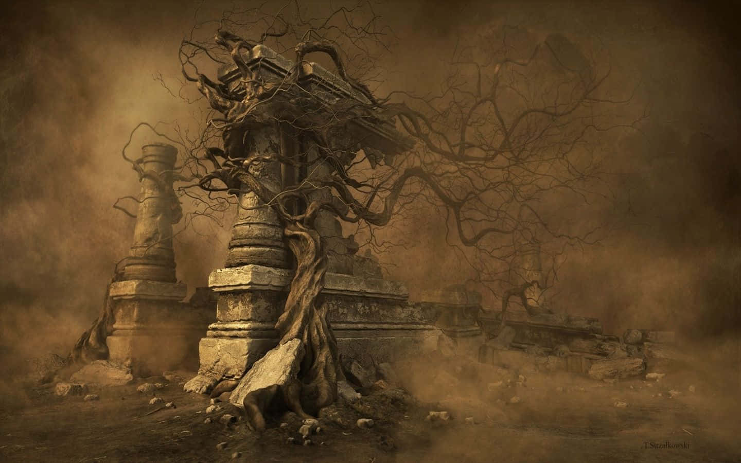 dark surrealism, 1440 x 900, ancient stone pillars, HD Desktop Wallpaper