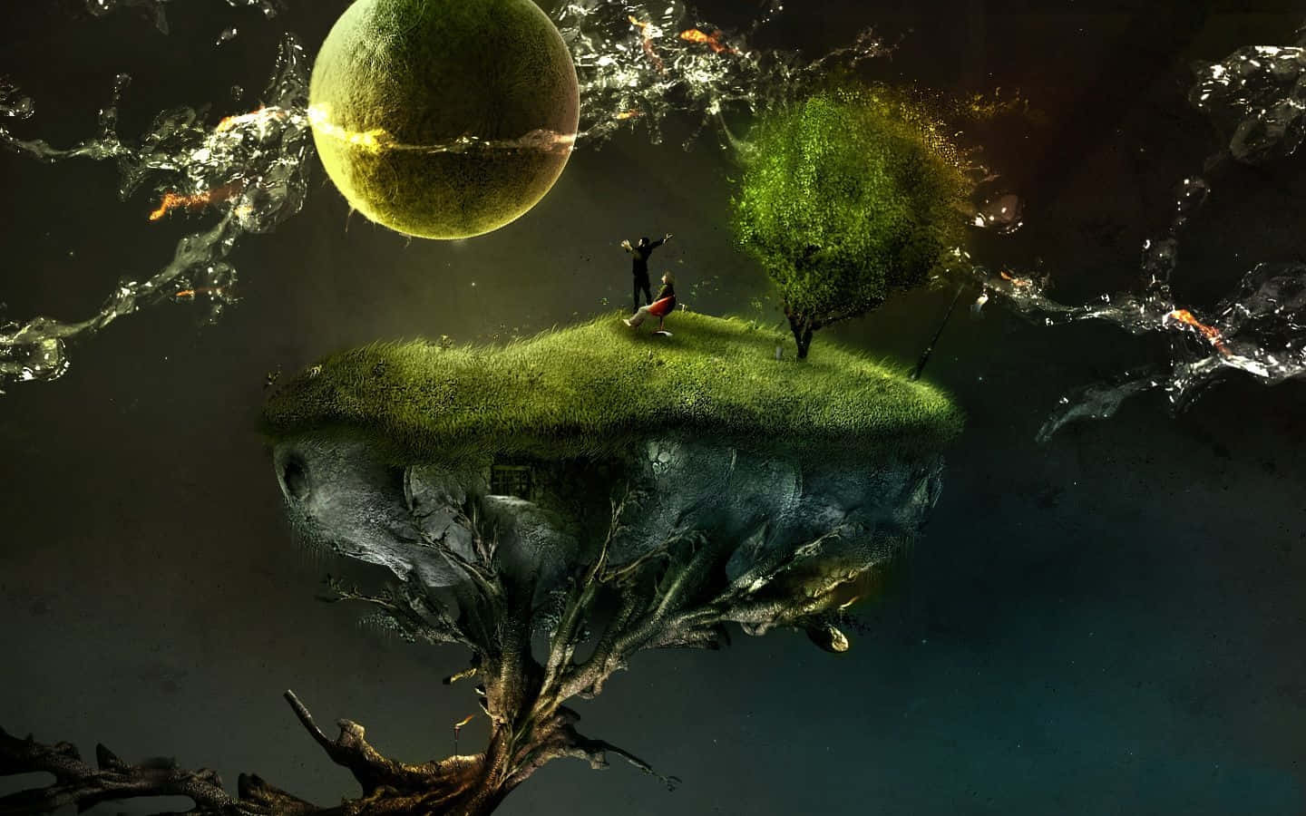 Dark Surrealism, floating island, tree, HD Desktop Wallpaper