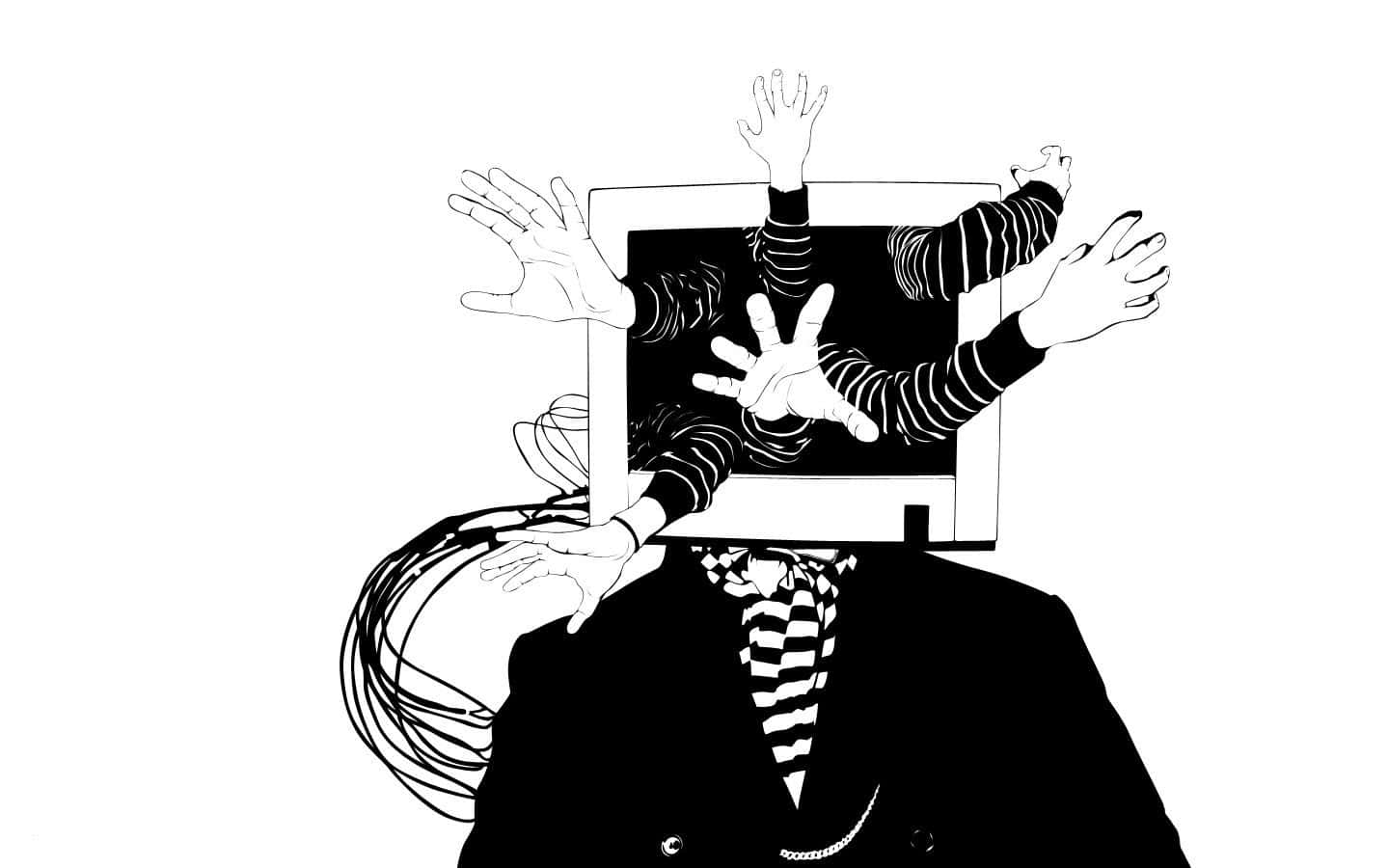 black and white illustration, person with a TV for a head, multiple hands bursting from the screen, HD Desktop Wallpaper