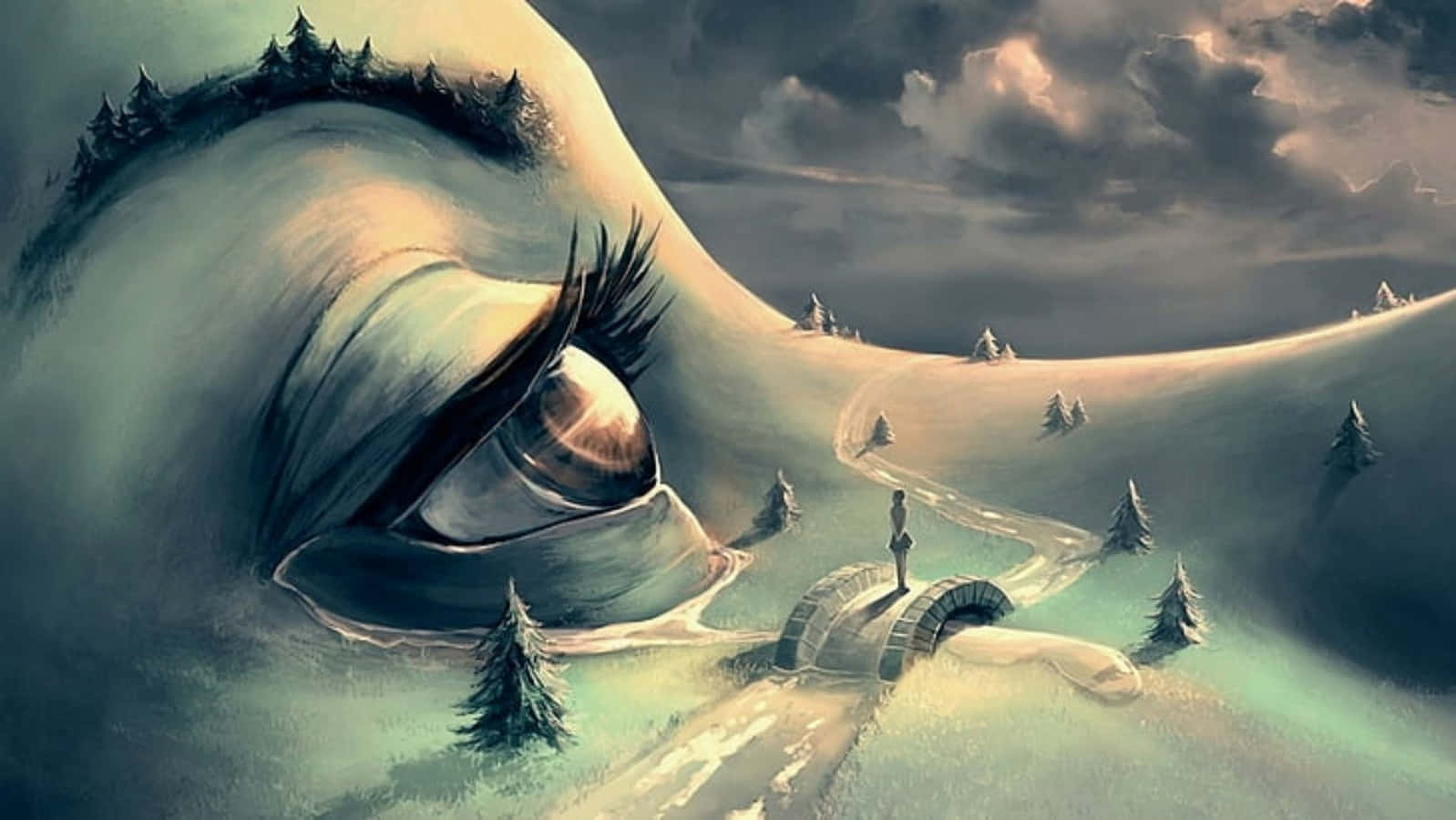 surrealism, giant eye, bridge, HD Desktop Wallpaper