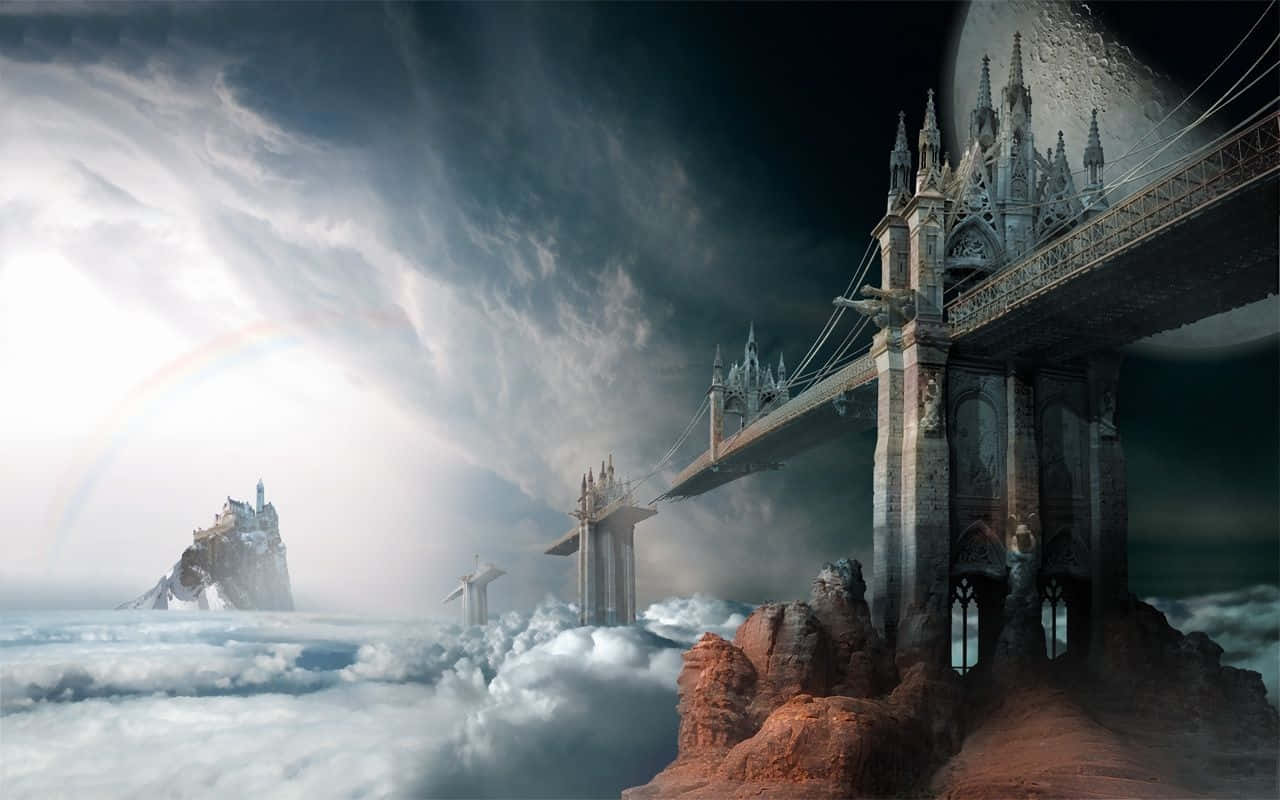 gothic bridge, stormy clouds, castle, HD Desktop Wallpaper