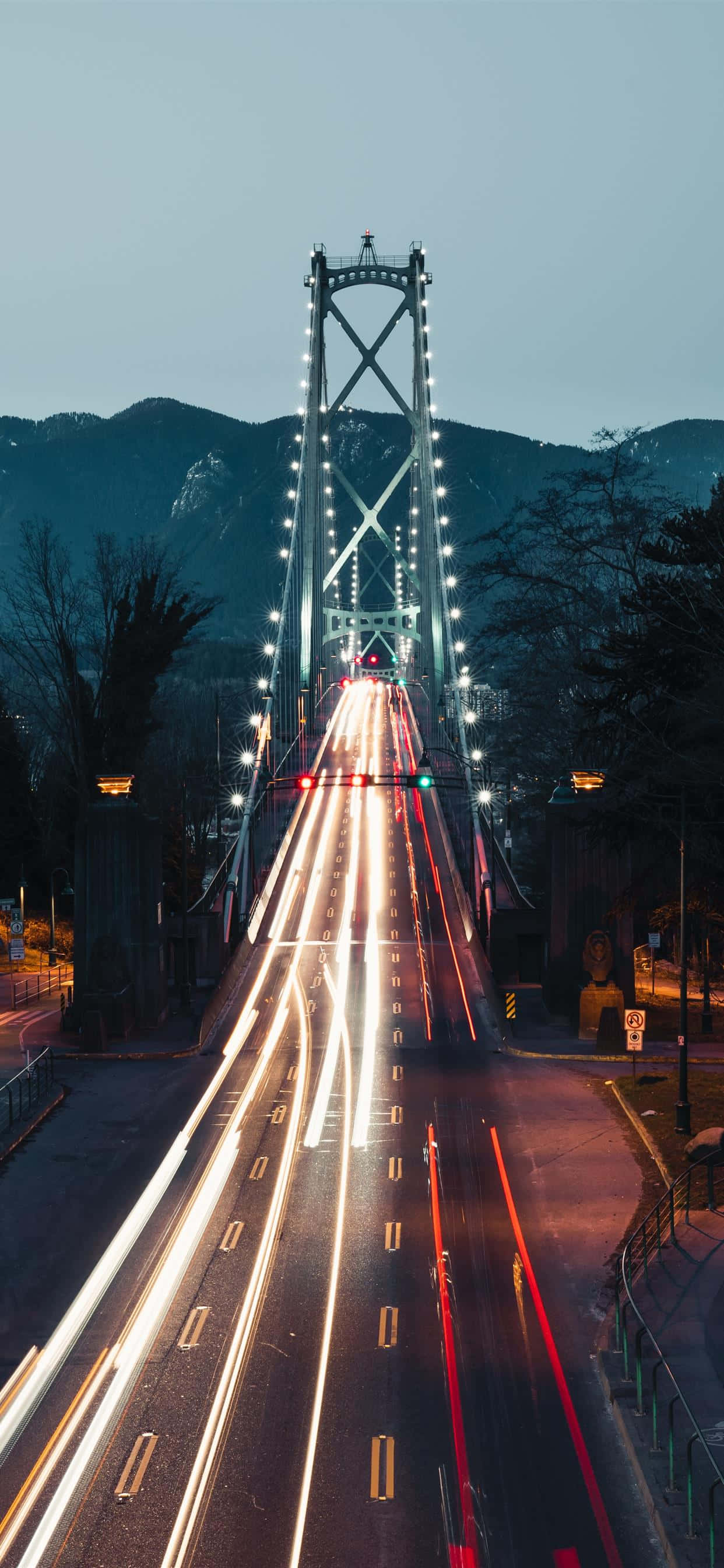 Surrey, Canada, suspension bridge, twilight mountain backdrop, 2K Phone Wallpaper