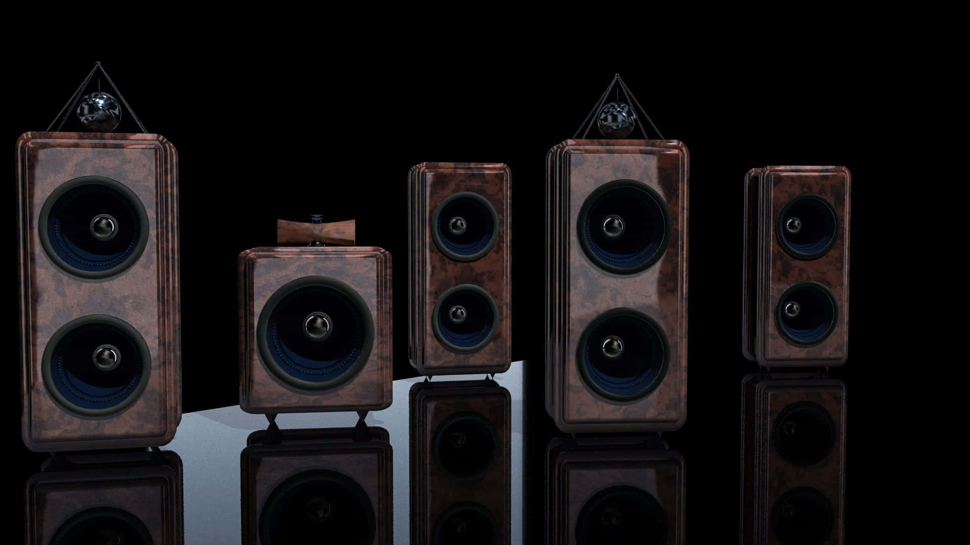 surround sound, wooden speakers, blue cones, Full HD Desktop Wallpaper