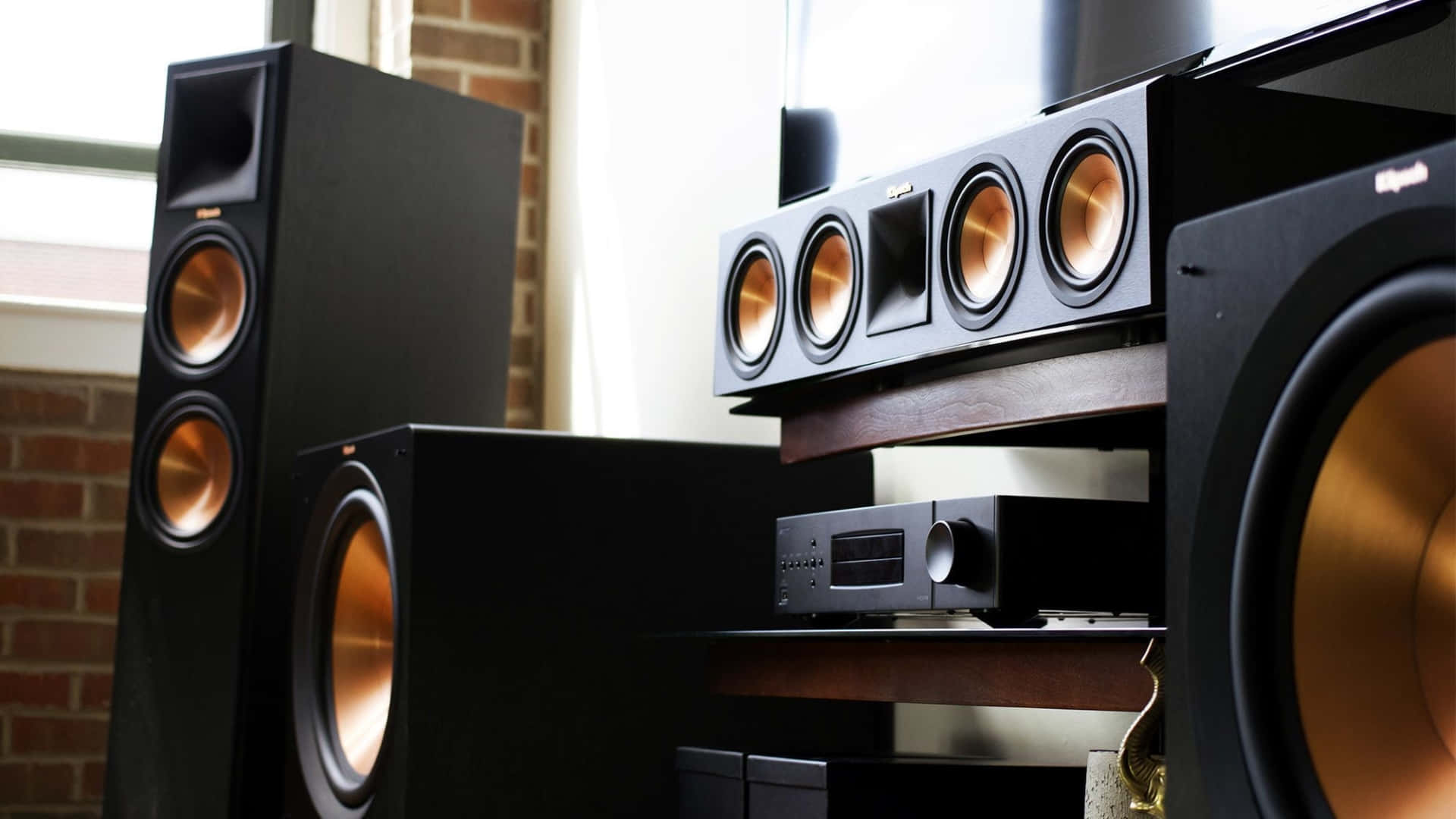 Surround Sound, black speakers, gold cones, Full HD Desktop Wallpaper