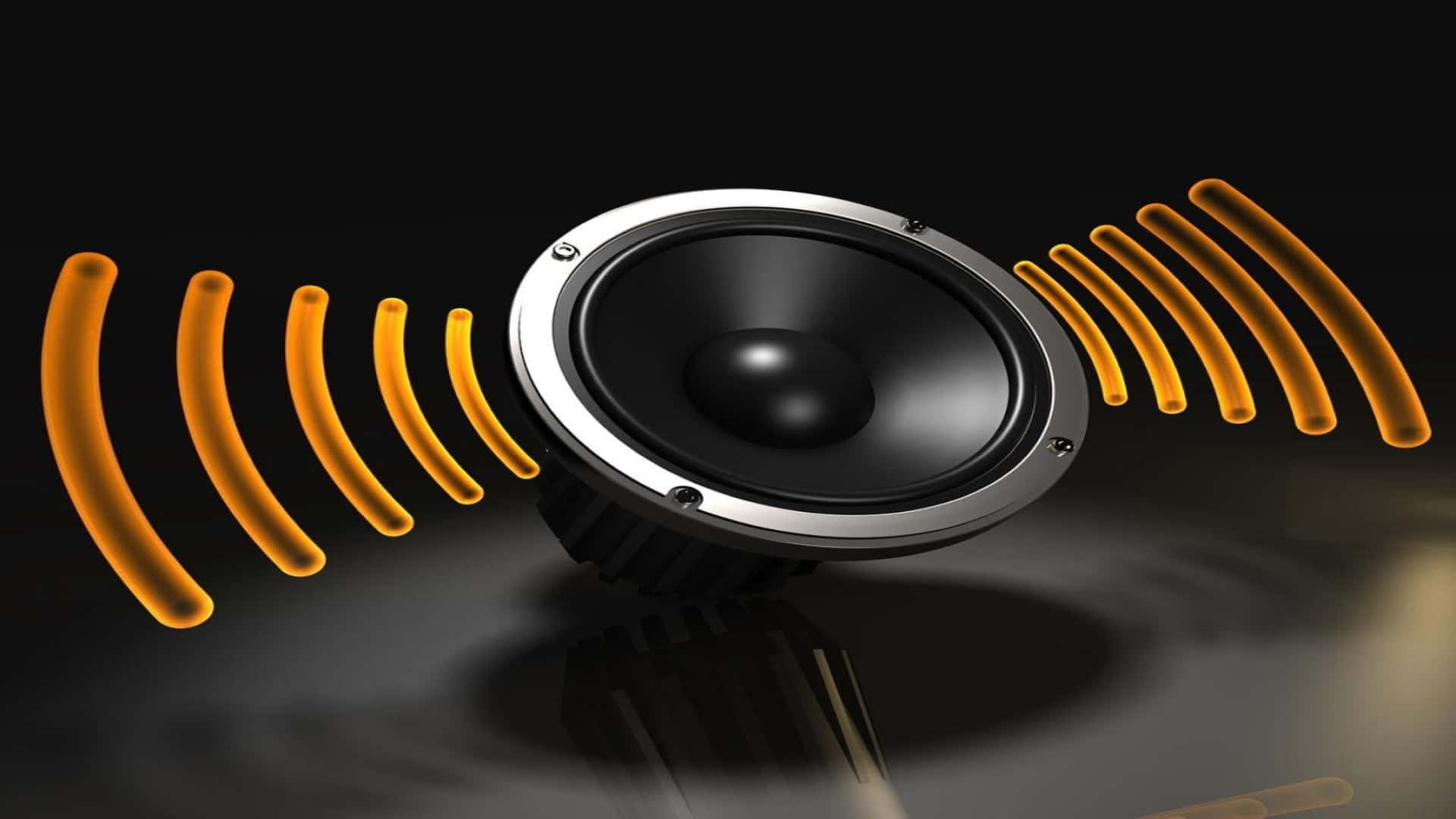 Surround Sound, sleek black speaker, glowing orange sound waves, Full HD Desktop Wallpaper