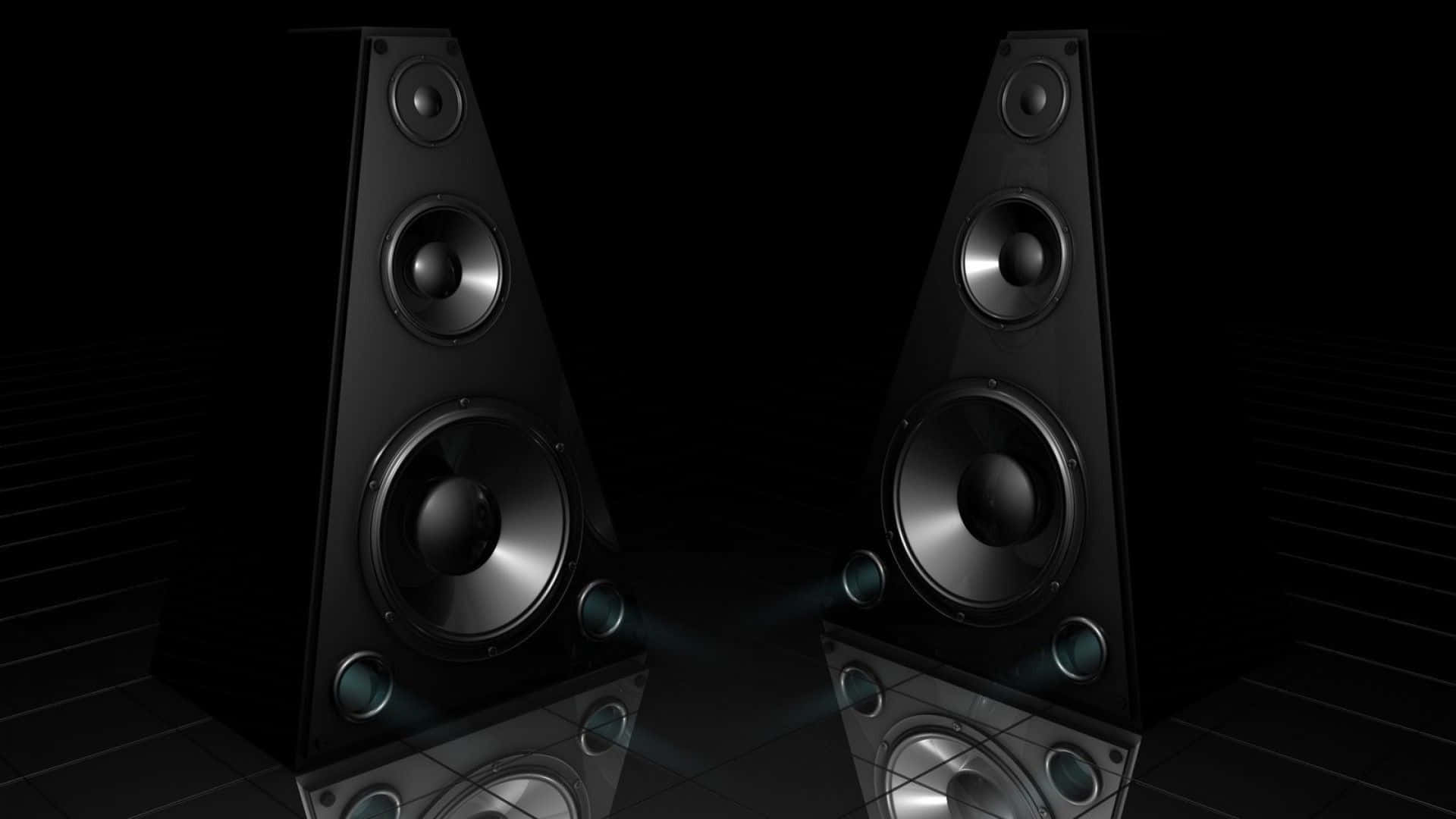 Surround Sound, black tower speakers, reflective floor, Full HD Desktop Wallpaper