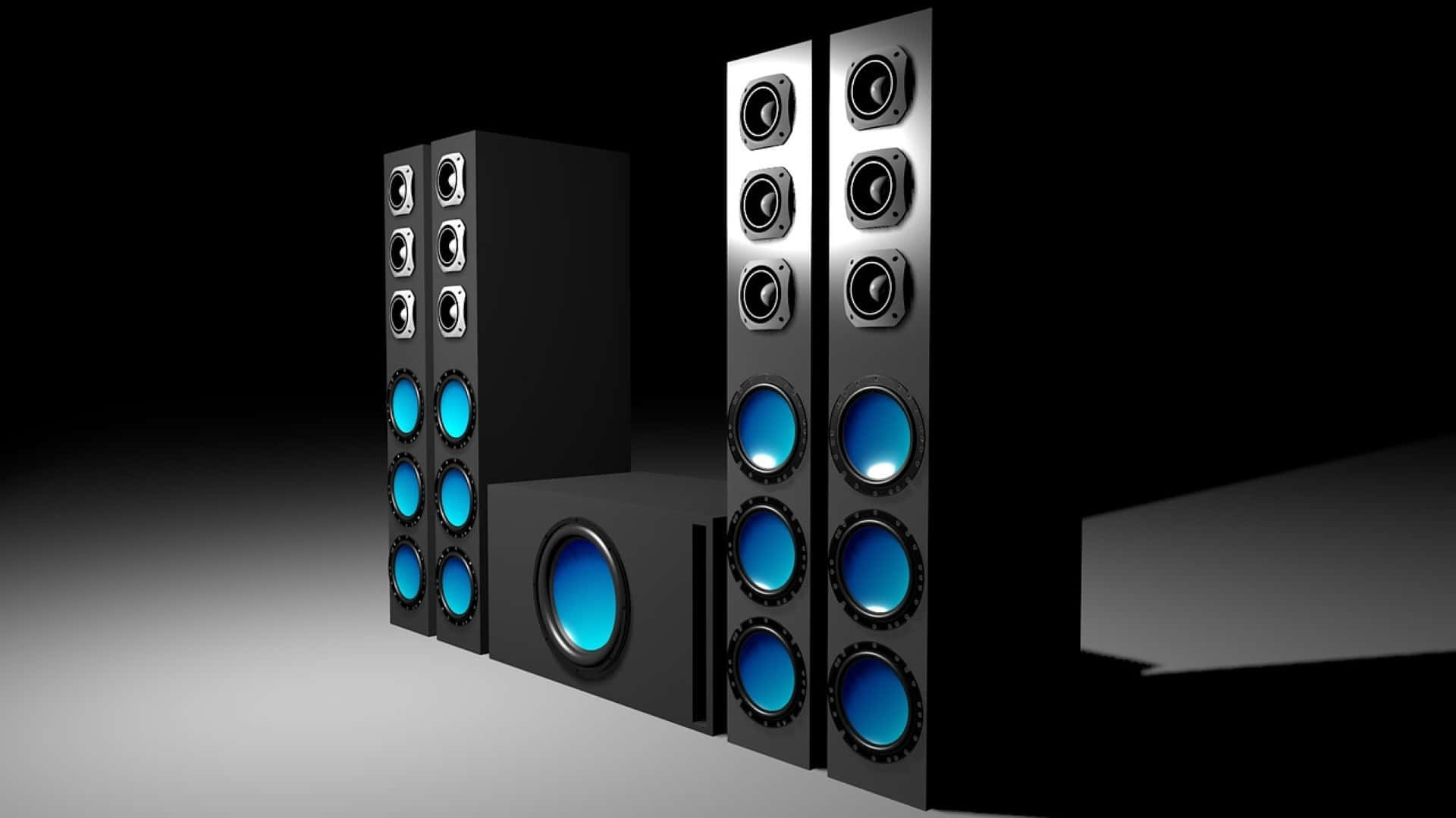 Surround Sound, black home theater speakers, glowing blue drivers, Full HD Desktop Wallpaper