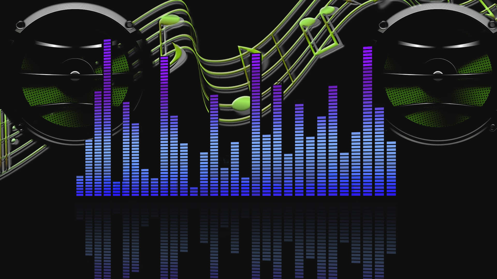 vibrant blue audio equalizer bars, glowing green speakers, musical notes, Full HD Desktop Wallpaper