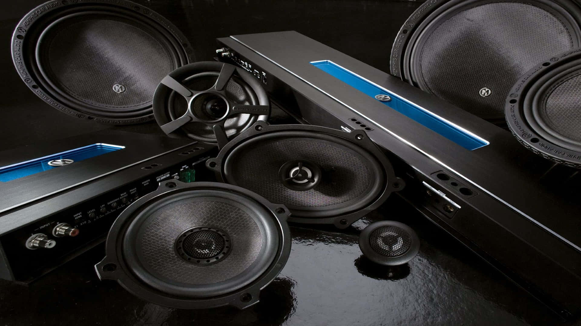surround sound, glossy black surface, blue accent lighting, Full HD Desktop Wallpaper