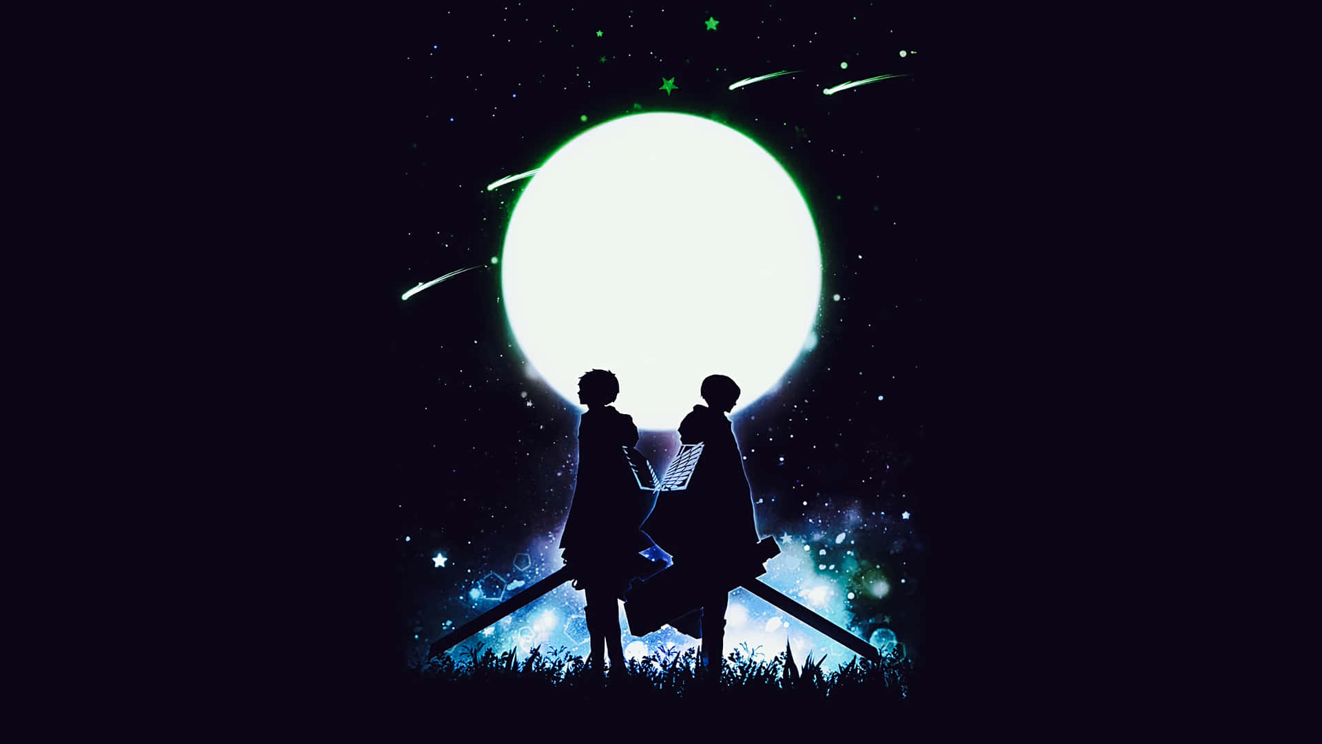 Survey Corps, glowing moon, starry night sky, Full HD Desktop Wallpaper