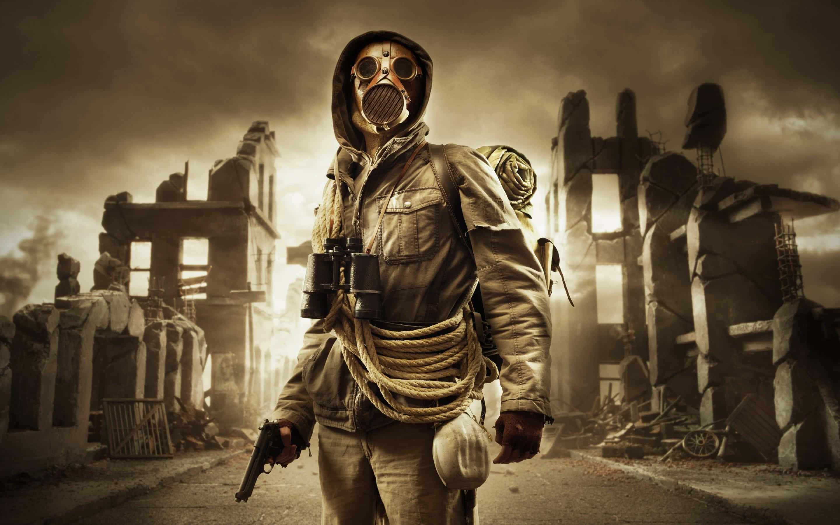Survivor, gas mask, worn gear, 2K Desktop Wallpaper