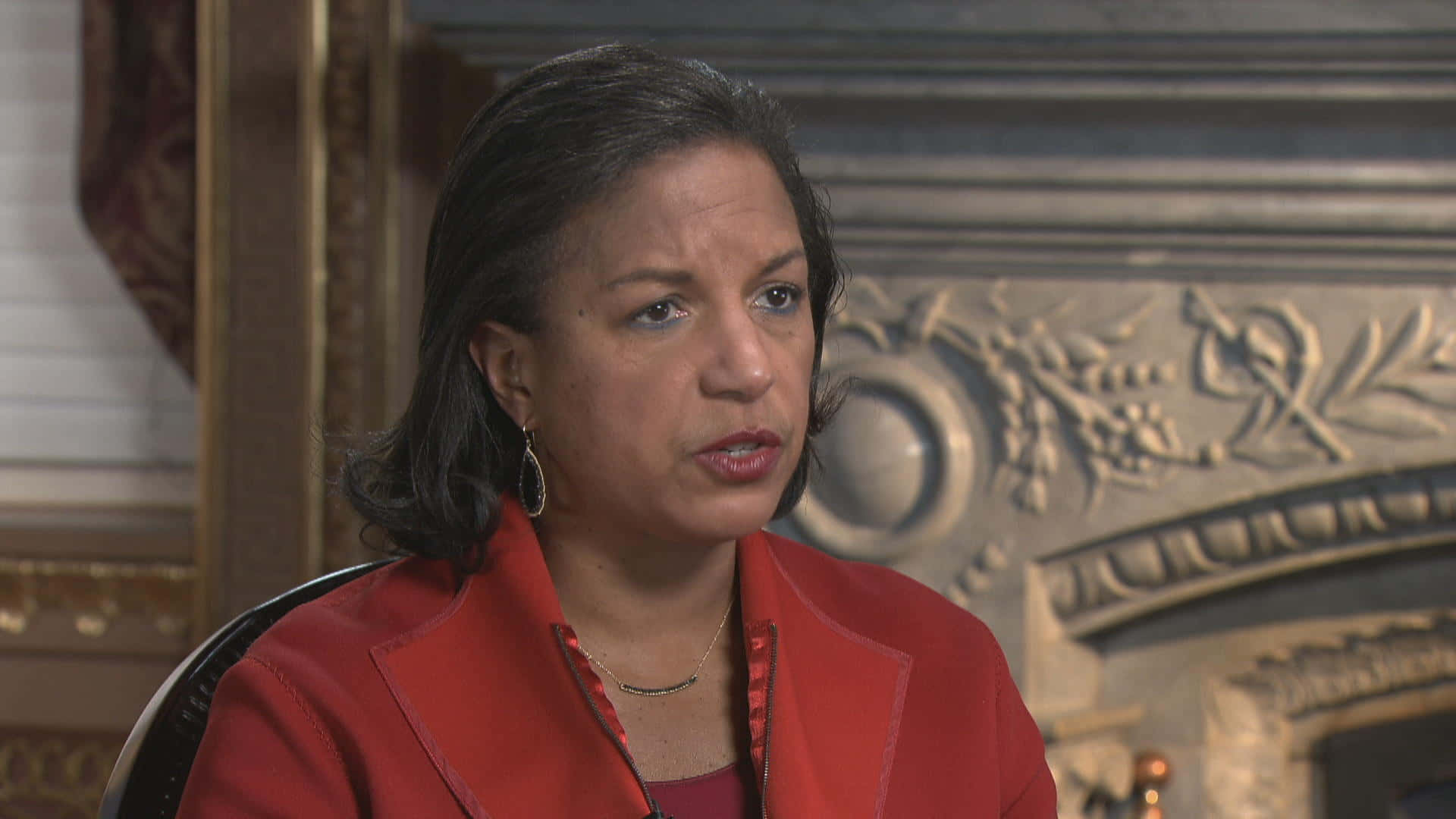 Susan Rice, red blazer, ornate fireplace, Full HD Desktop Wallpaper