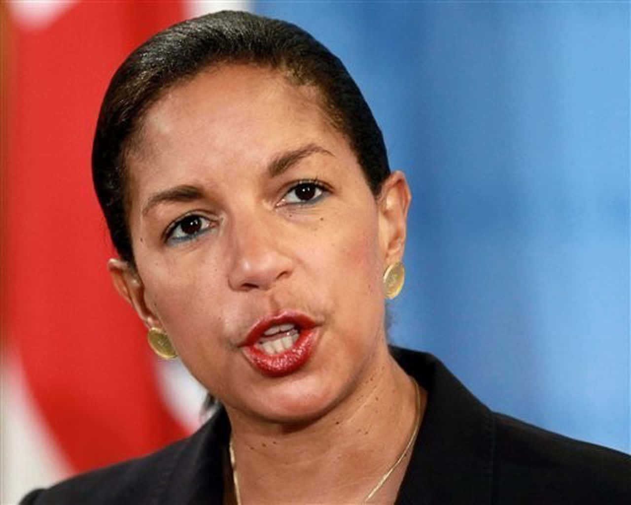 Susan Rice, red lipstick, blurred red and blue background, HD Desktop Wallpaper