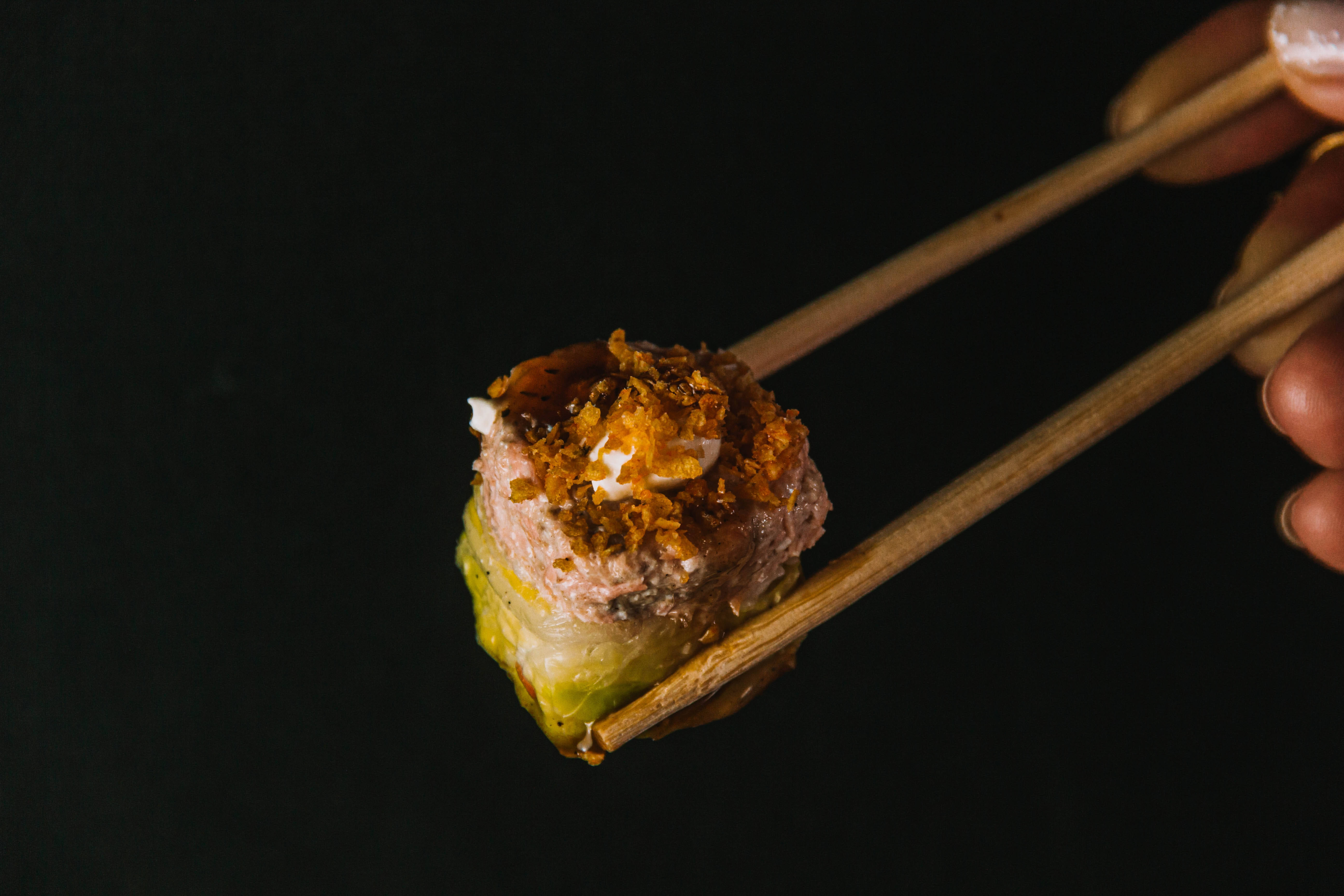 sushi, wooden chopsticks, glistening sushi roll, 5K Desktop Wallpaper