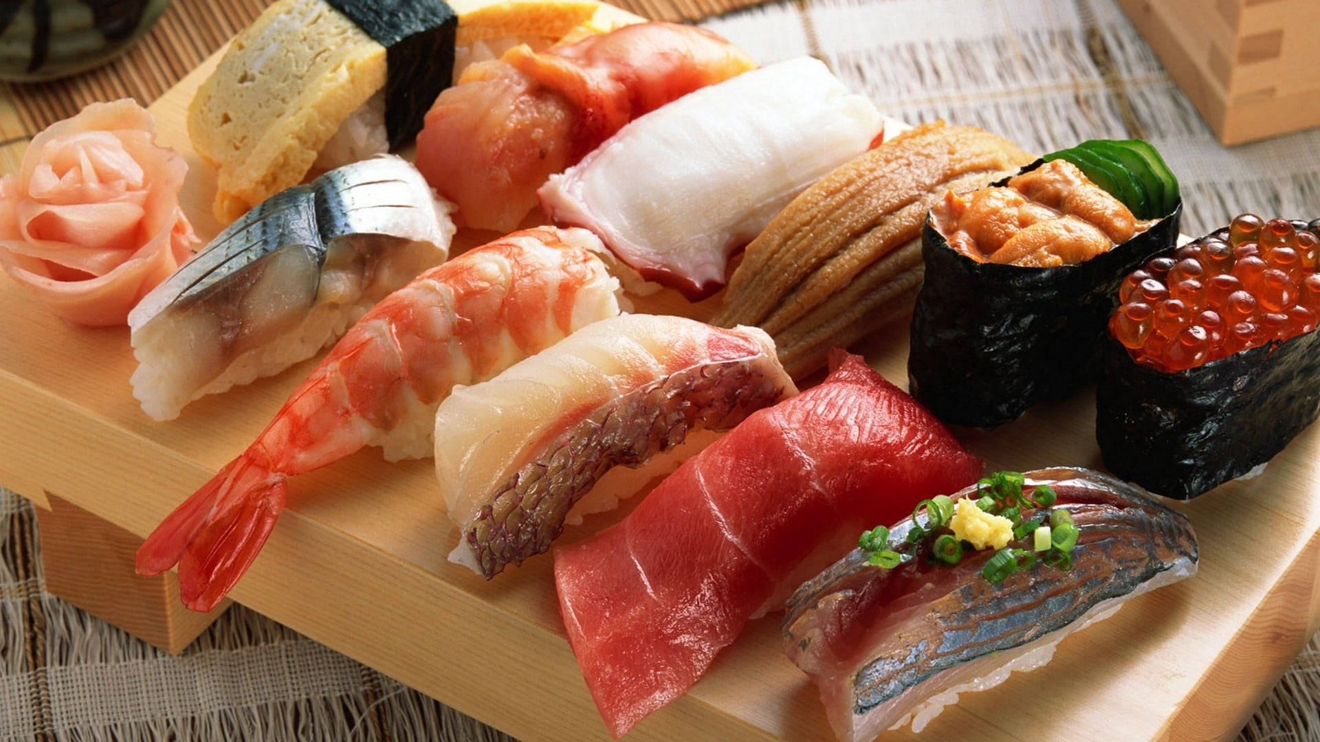 wooden platter, colorful sushi pieces, tuna, Full HD Desktop Wallpaper