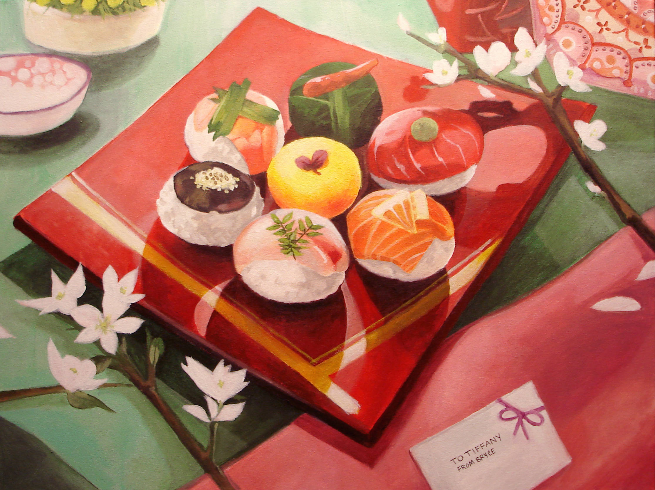 sushi platter, red lacquered tray, cherry blossoms, Full HD Desktop Wallpaper
