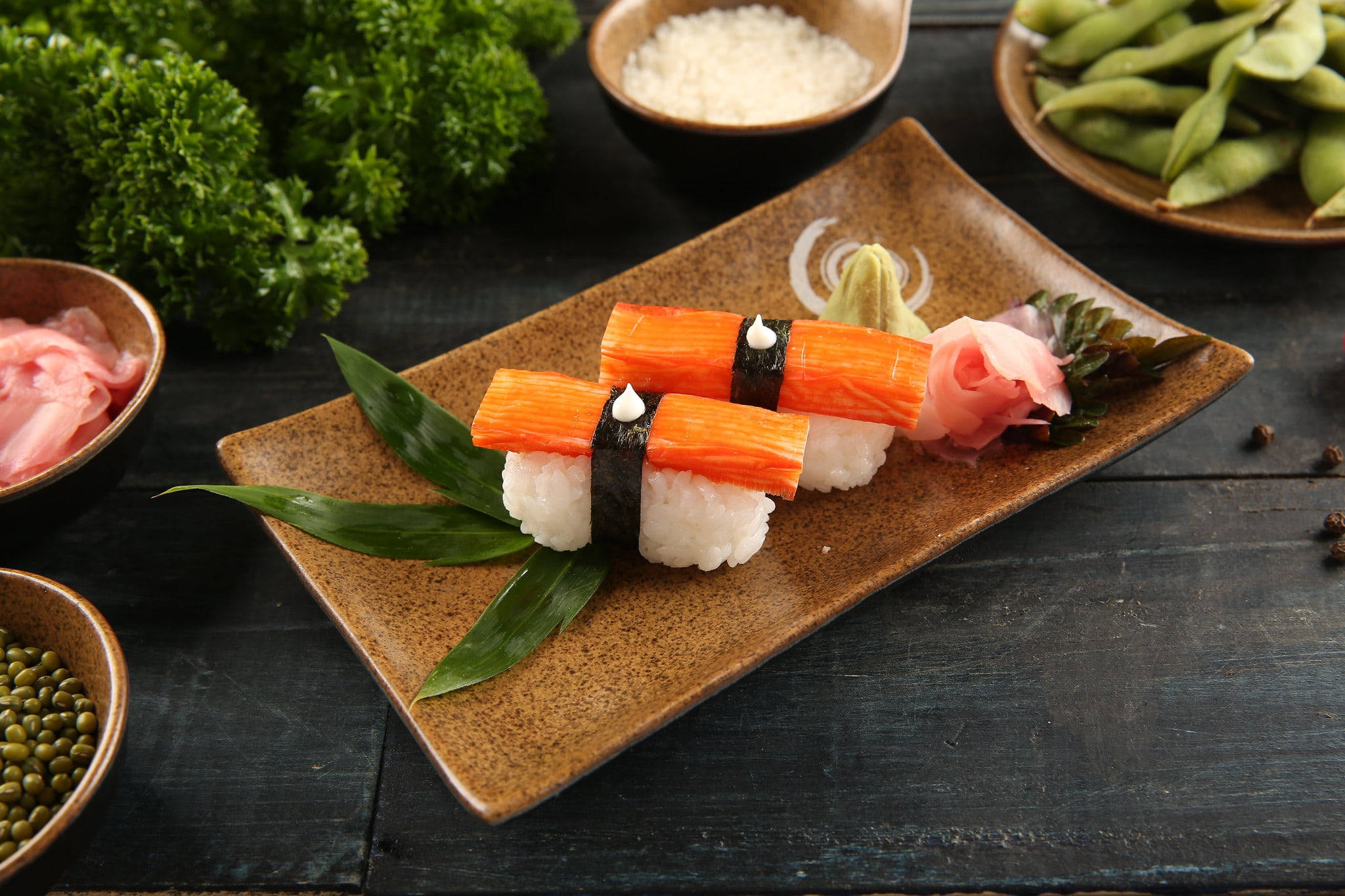 crab stick sushi, rustic ceramic plate, garnishes, Full HD Desktop Wallpaper