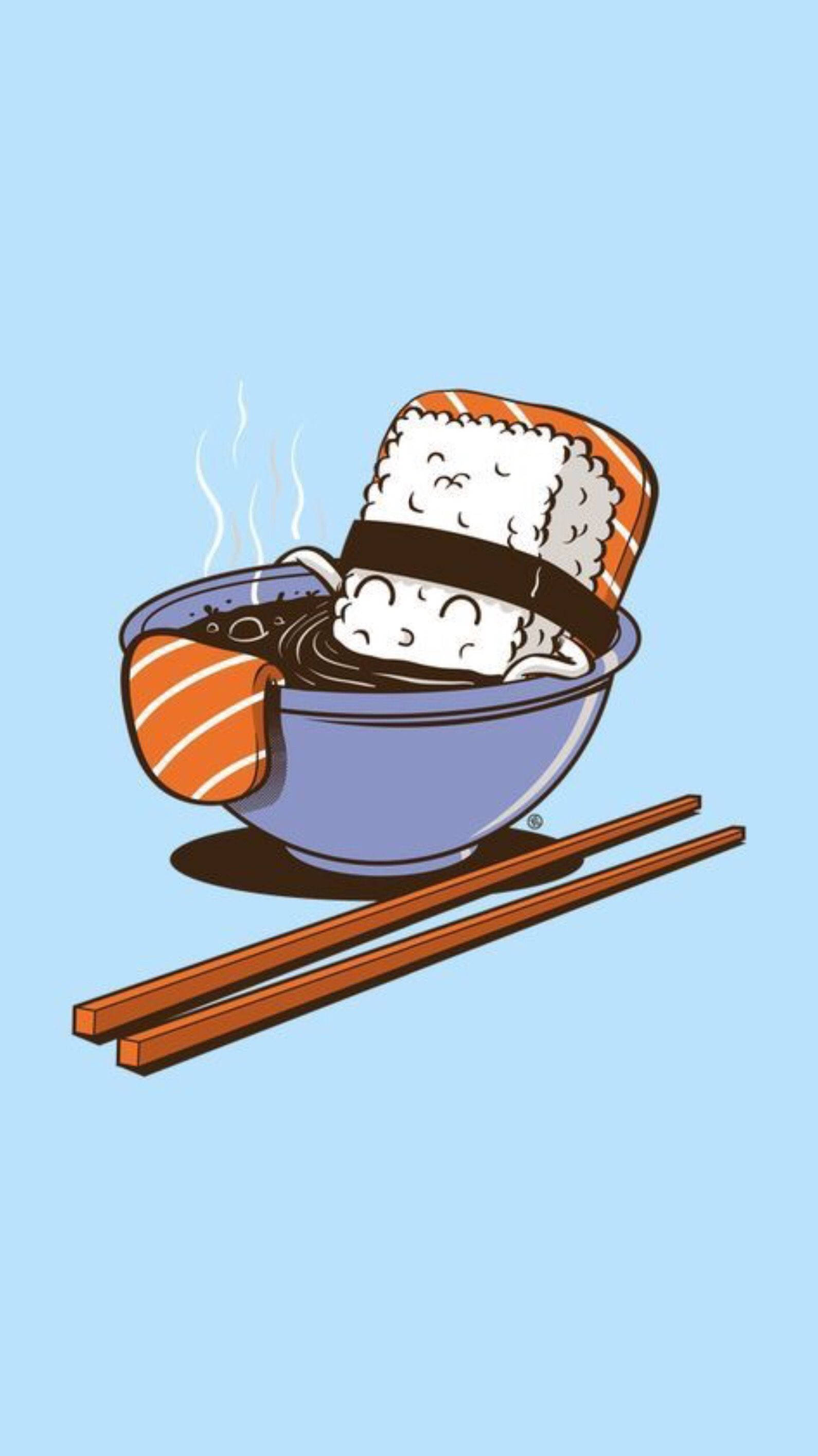 cartoon salmon sushi, smiling face, steaming bowl of soup, 2K Phone Wallpaper