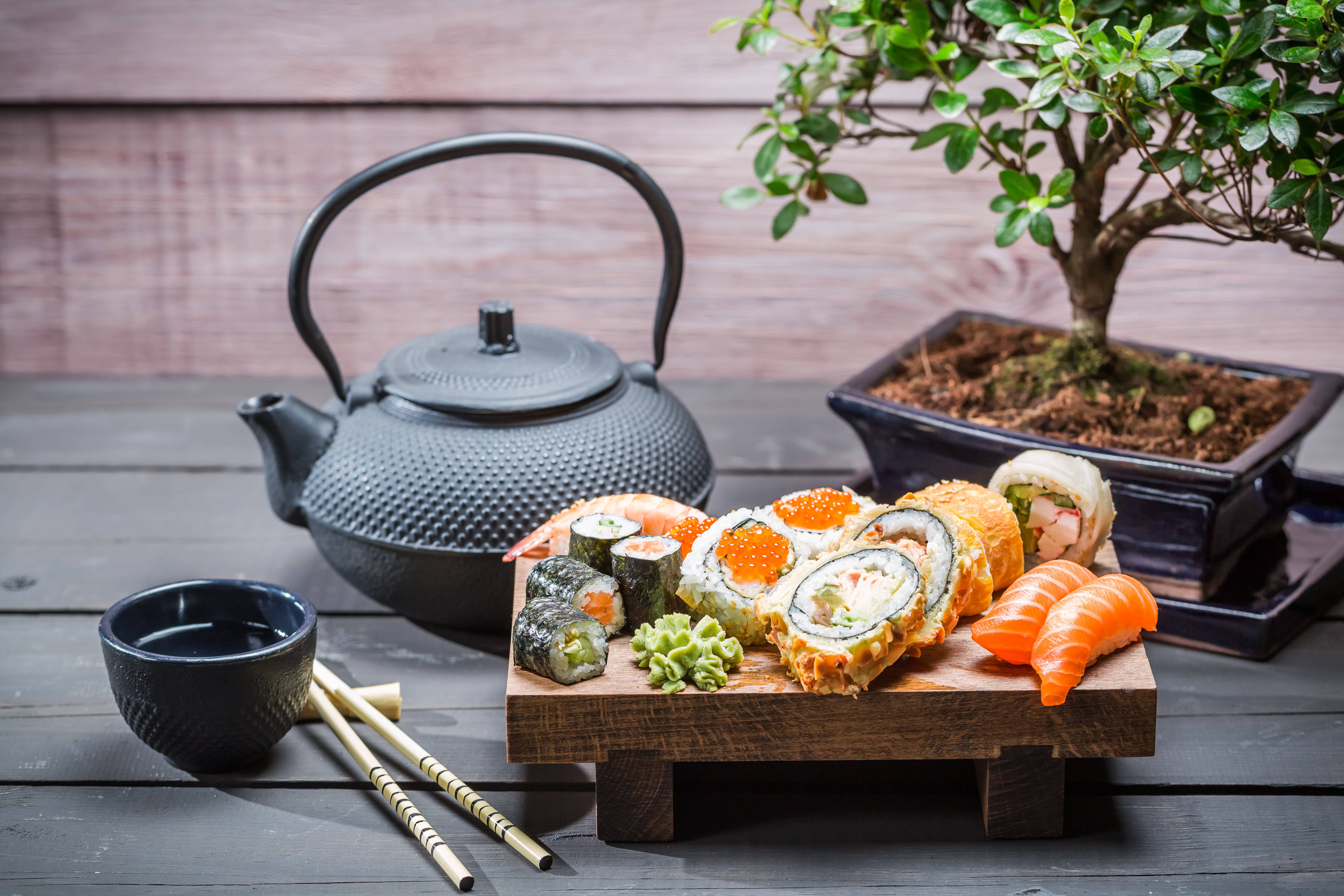 sushi platter, black teapot, cast iron teapot, 5K Desktop Wallpaper