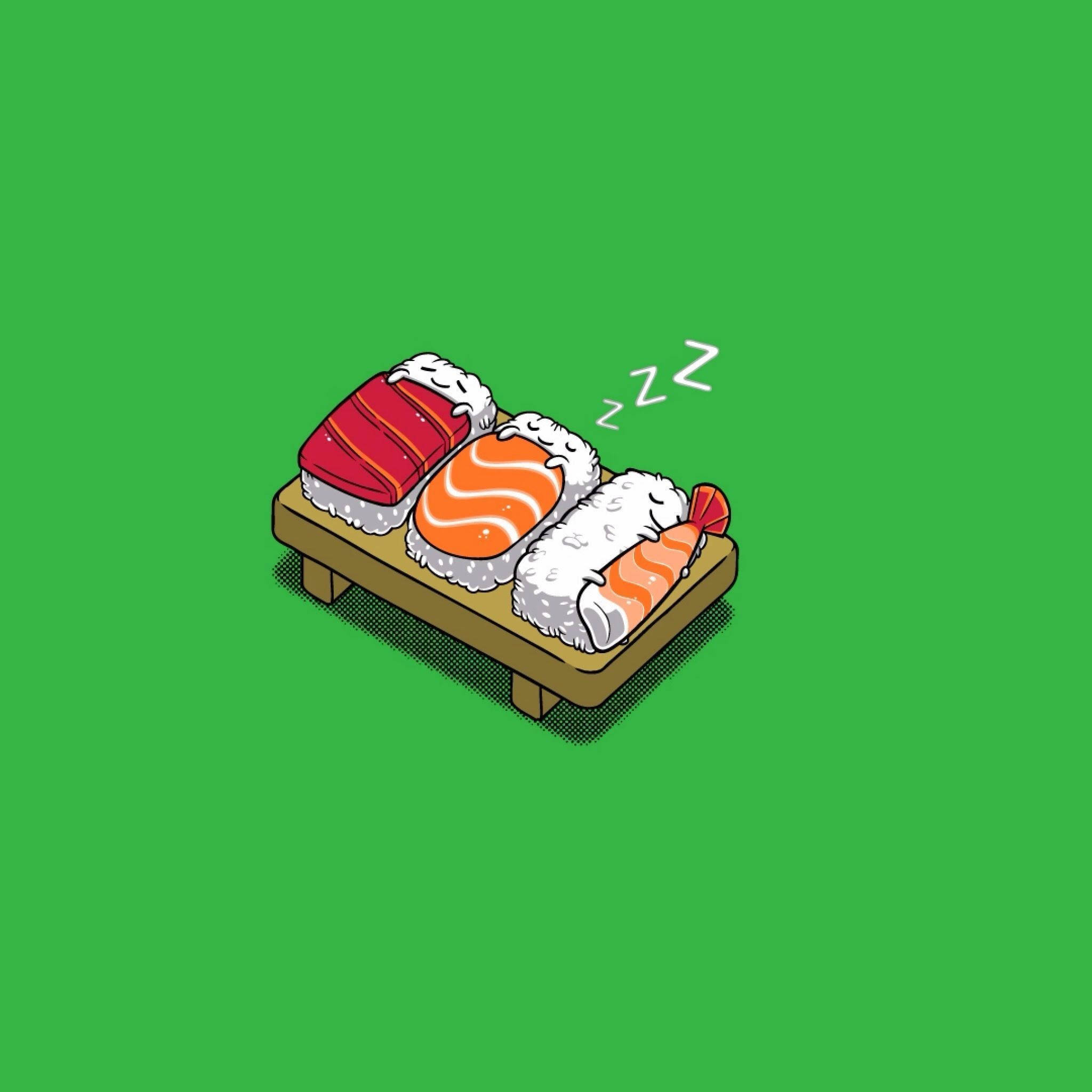 cartoon sushi, wooden tray, bright green background, Full HD Desktop Wallpaper