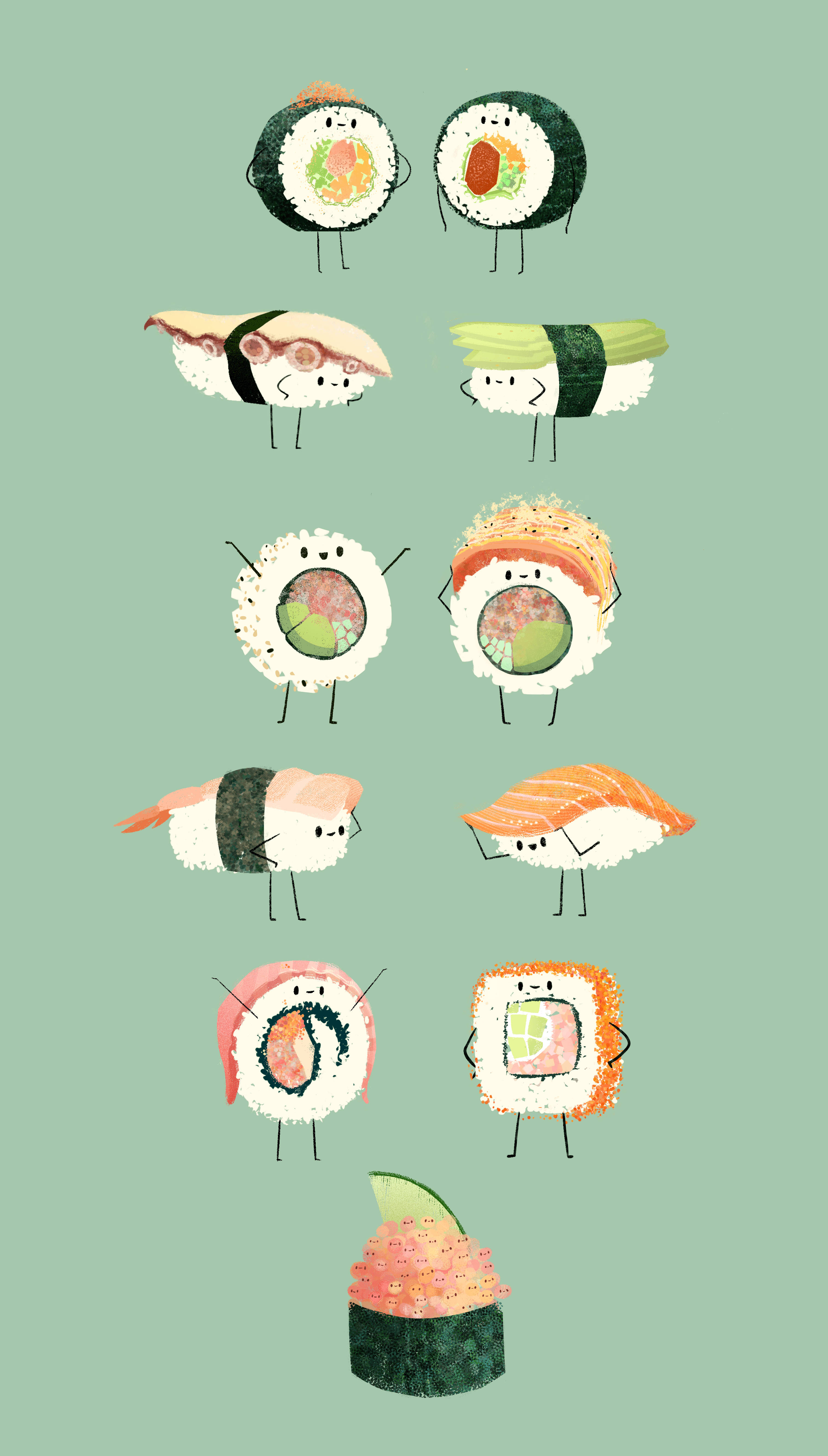 sushi, cartoon, mint background, 5K Phone Wallpaper