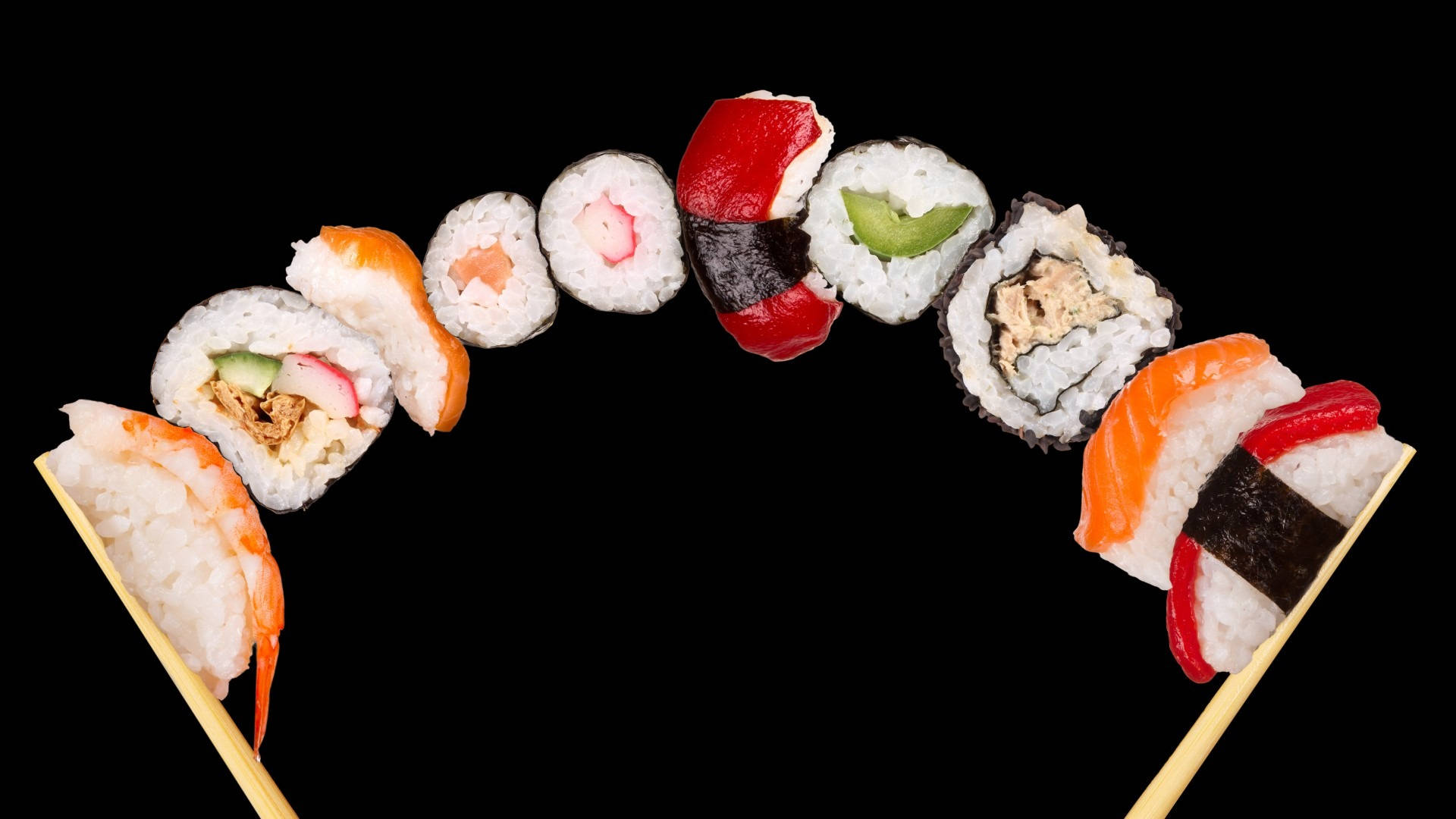 sushi, chopsticks, black background, Full HD Desktop Wallpaper