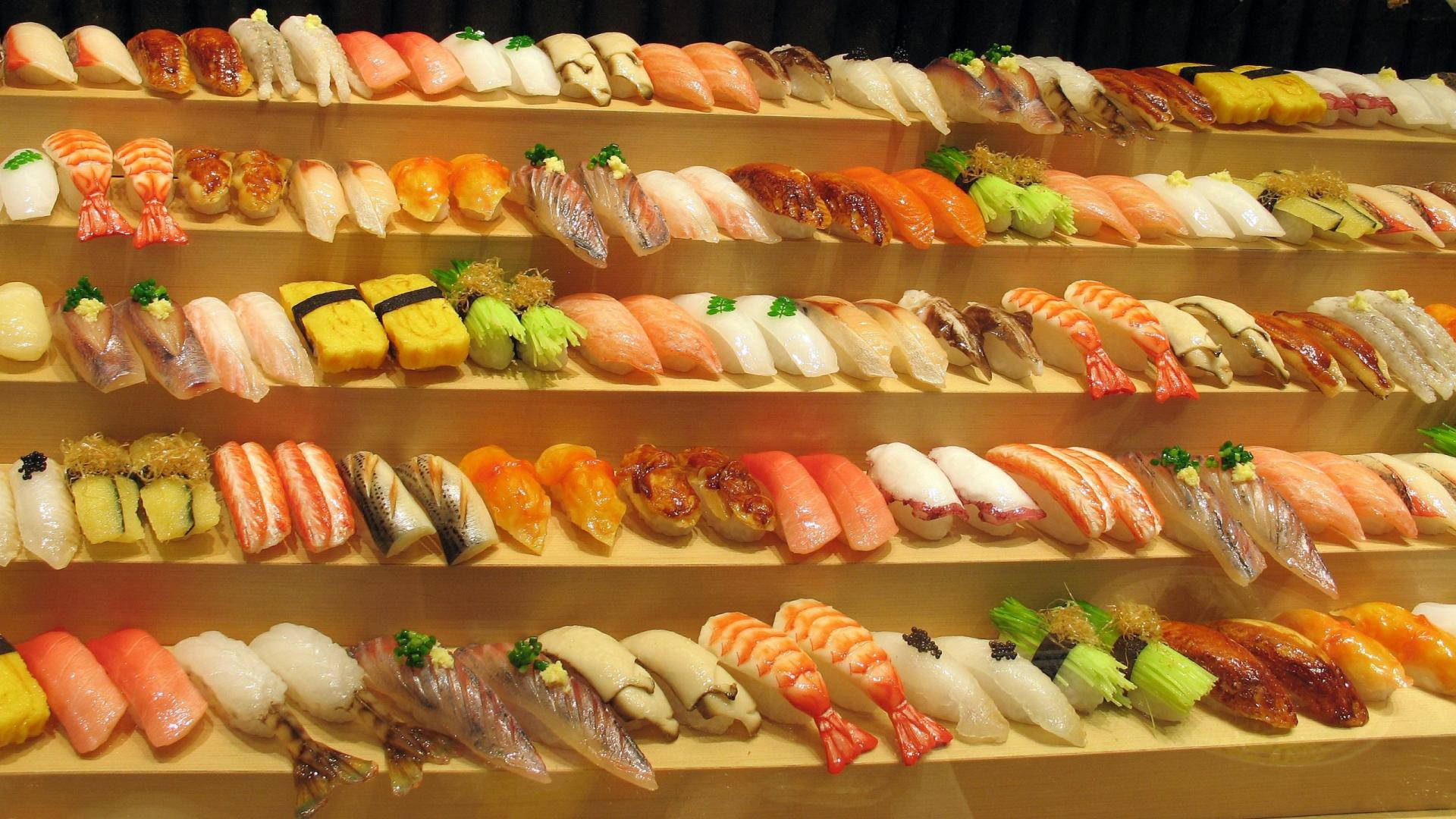 sushi, wooden shelves, warm lighting, Full HD Desktop Wallpaper